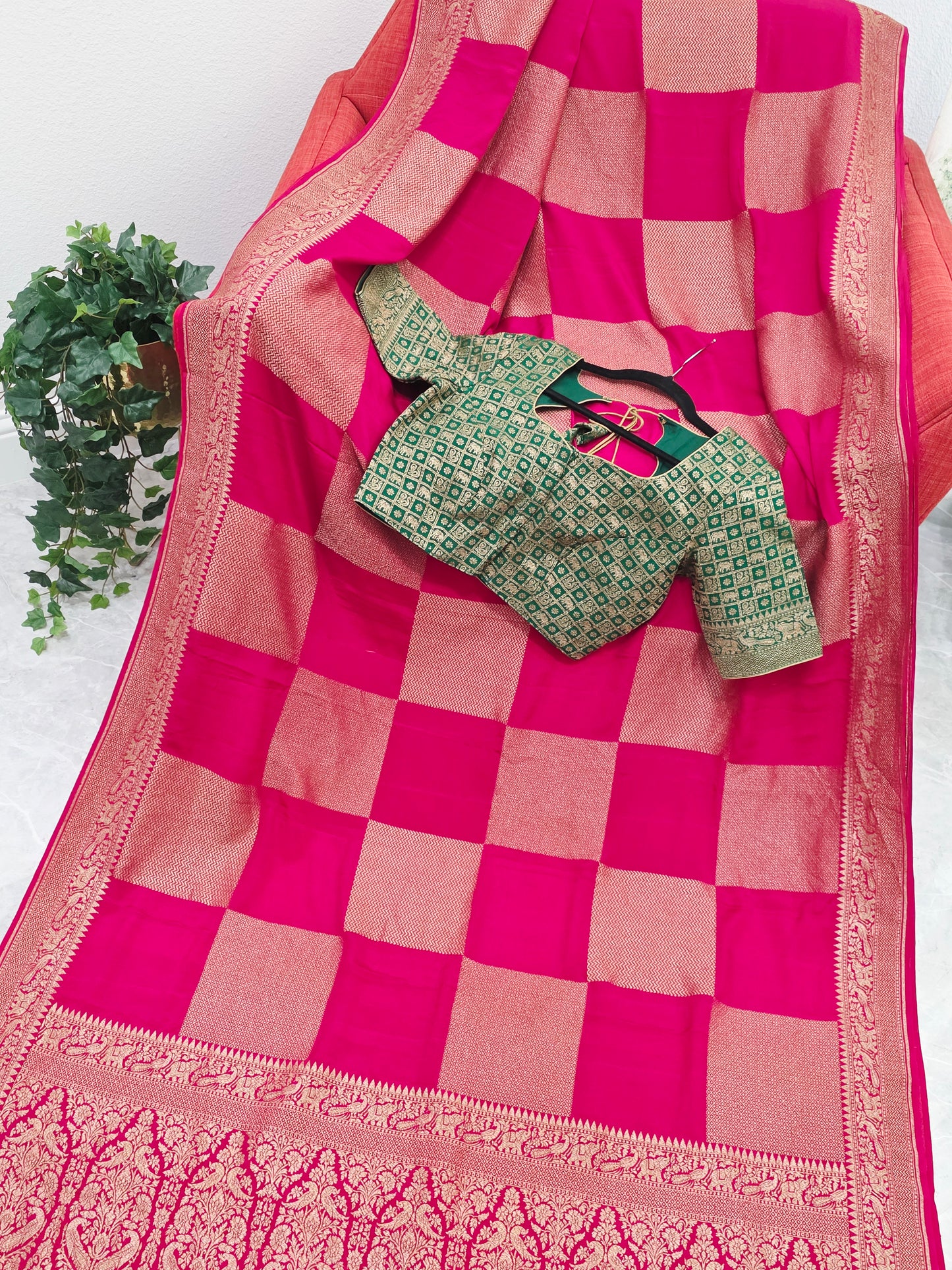 Deep Pink Pure Khadi Georgette Checks Saree with Antique Zari Border & Blouse