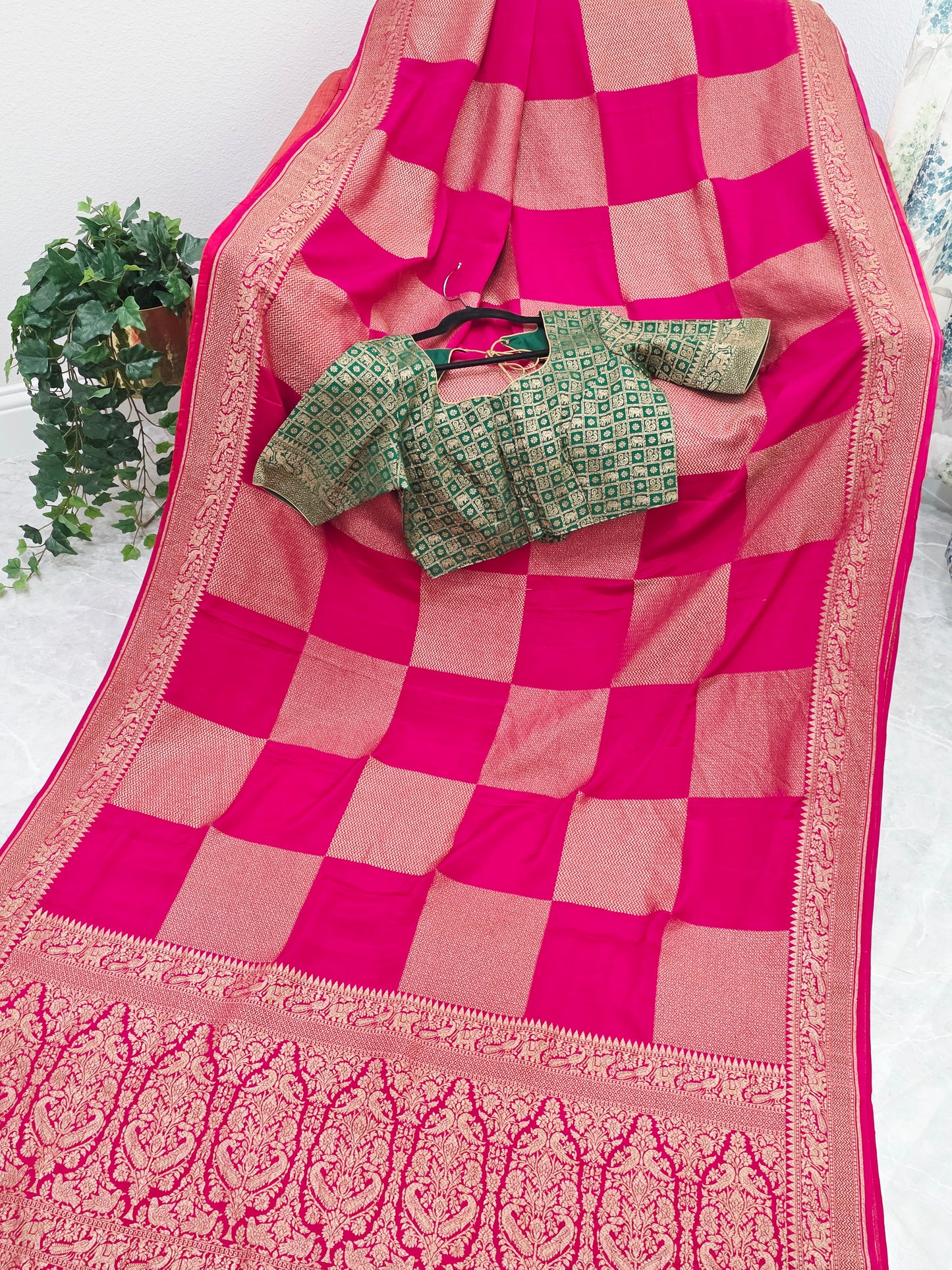 Deep Pink Pure Khadi Georgette Checks Saree with Antique Zari Border & Blouse