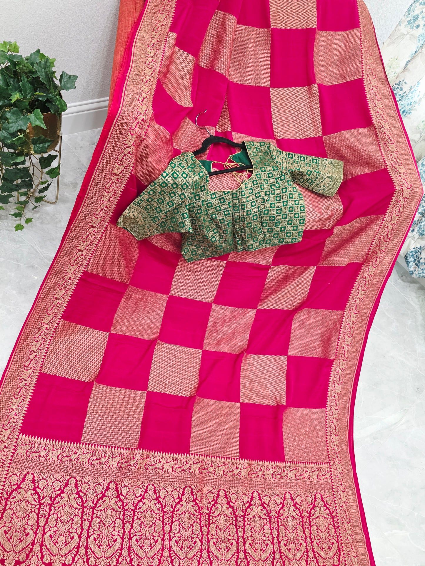 Deep Pink Pure Khadi Georgette Checks Saree with Antique Zari Border & Blouse