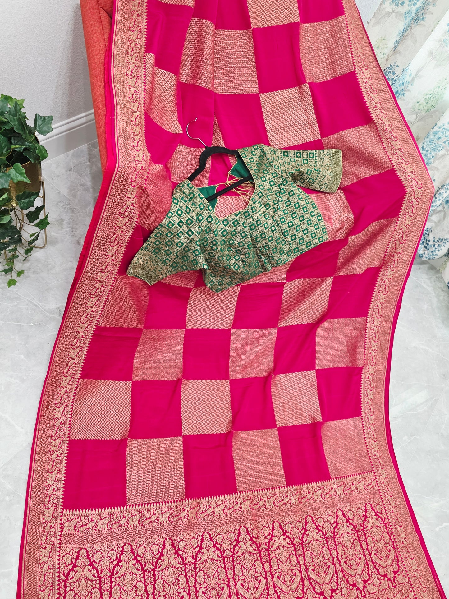 Deep Pink Pure Khadi Georgette Checks Saree with Antique Zari Border & Blouse