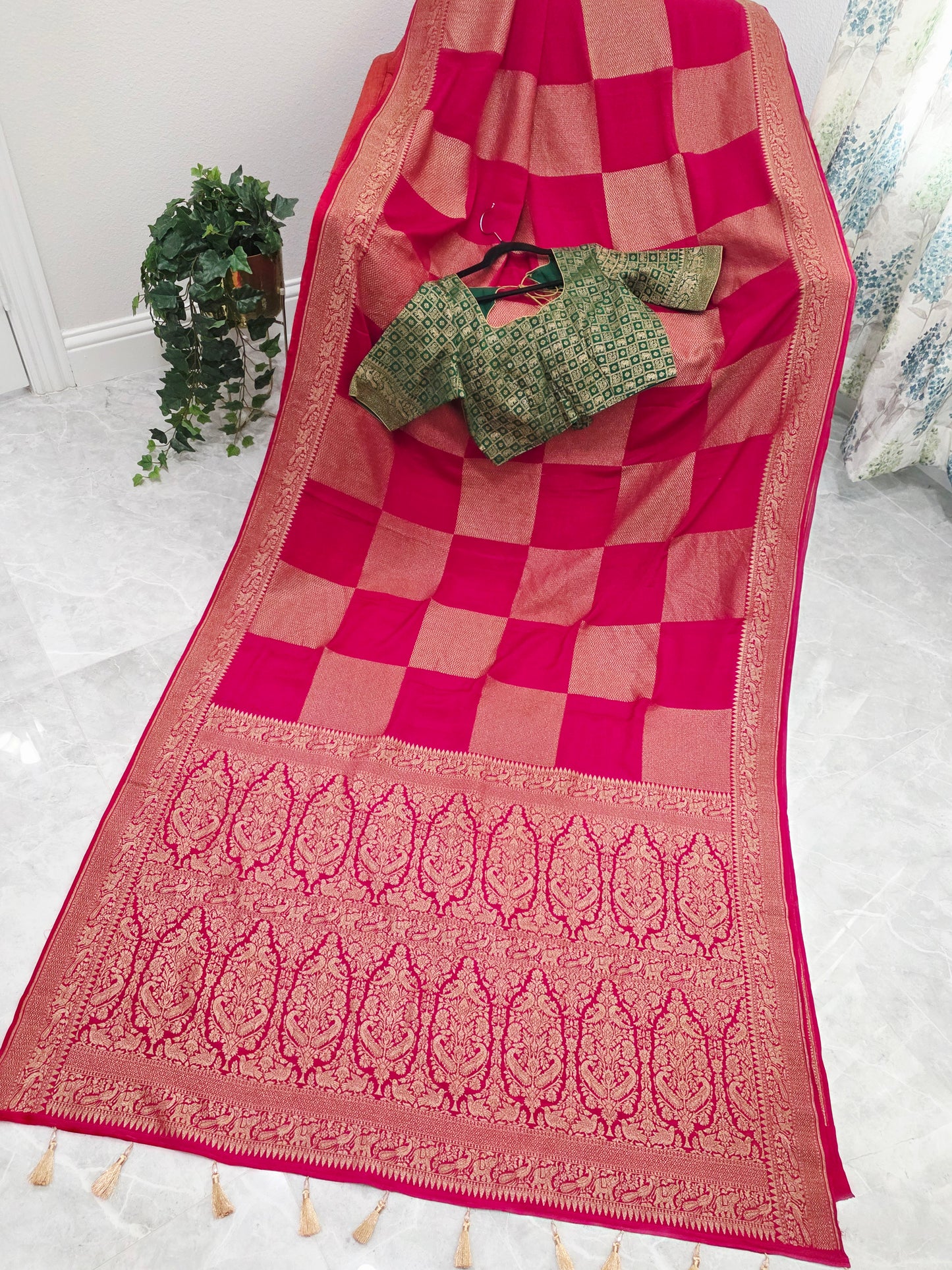 Deep Pink Pure Khadi Georgette Checks Saree with Antique Zari Border & Blouse