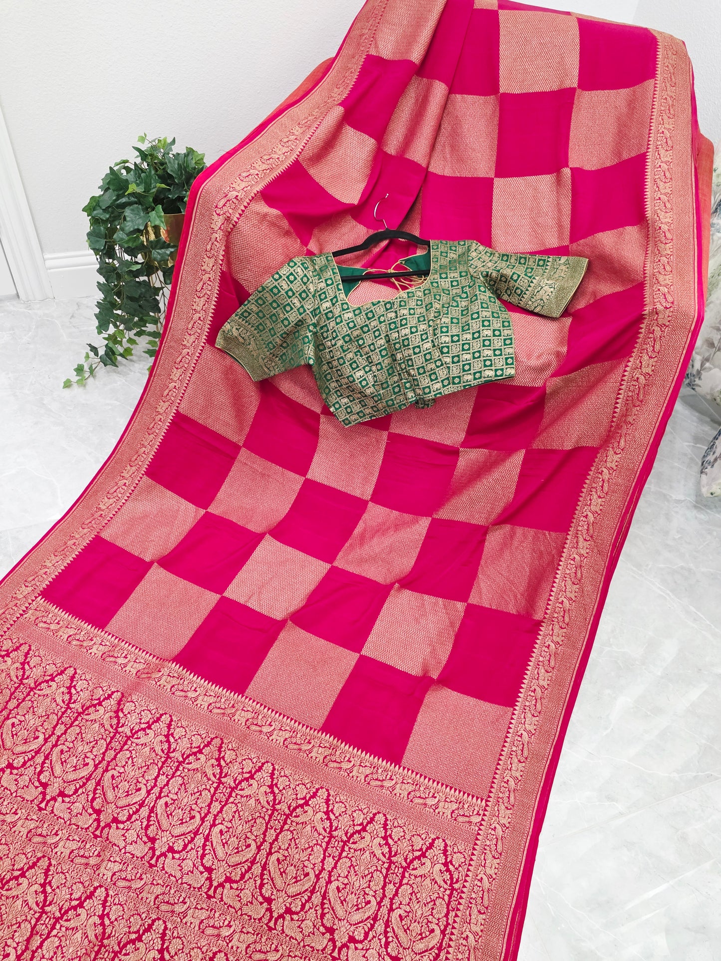 Deep Pink Pure Khadi Georgette Checks Saree with Antique Zari Border & Blouse