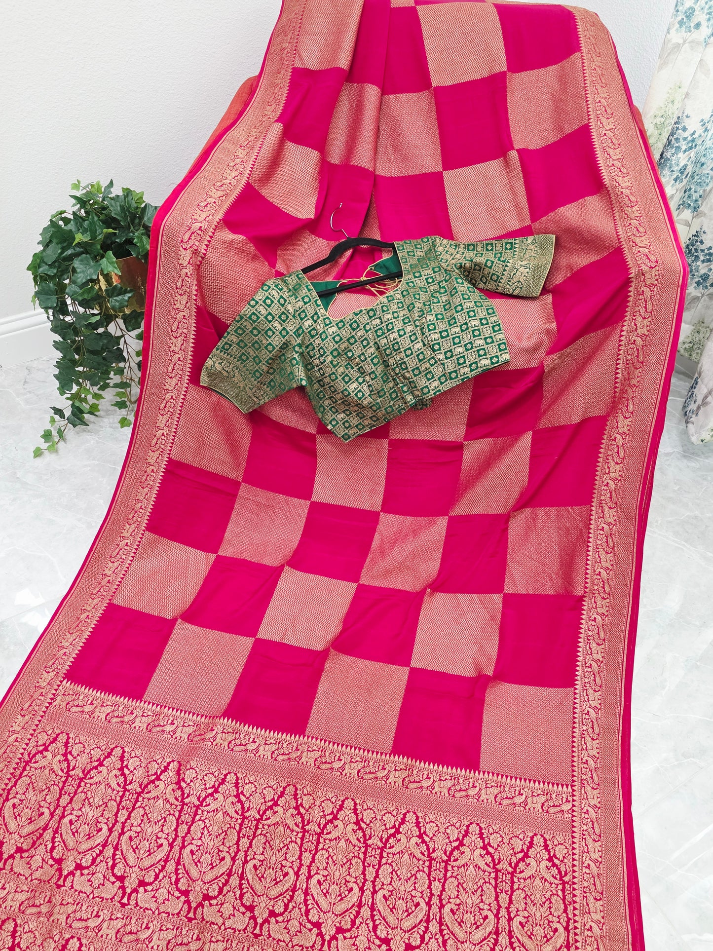 Deep Pink Pure Khadi Georgette Checks Saree with Antique Zari Border & Blouse