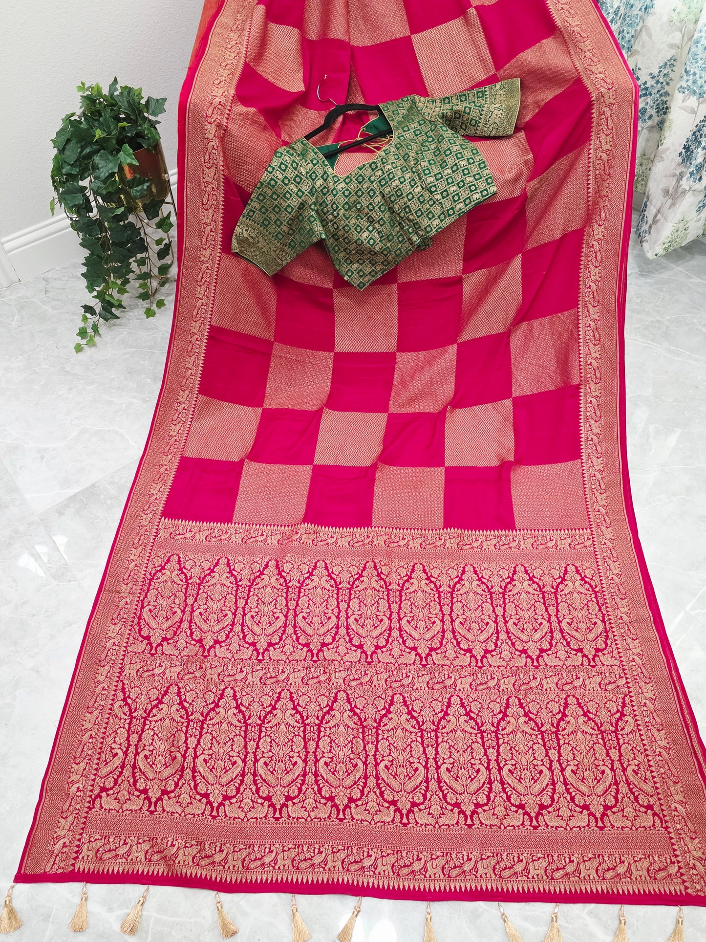 Deep Pink Pure Khadi Georgette Checks Saree with Antique Zari Border & Blouse