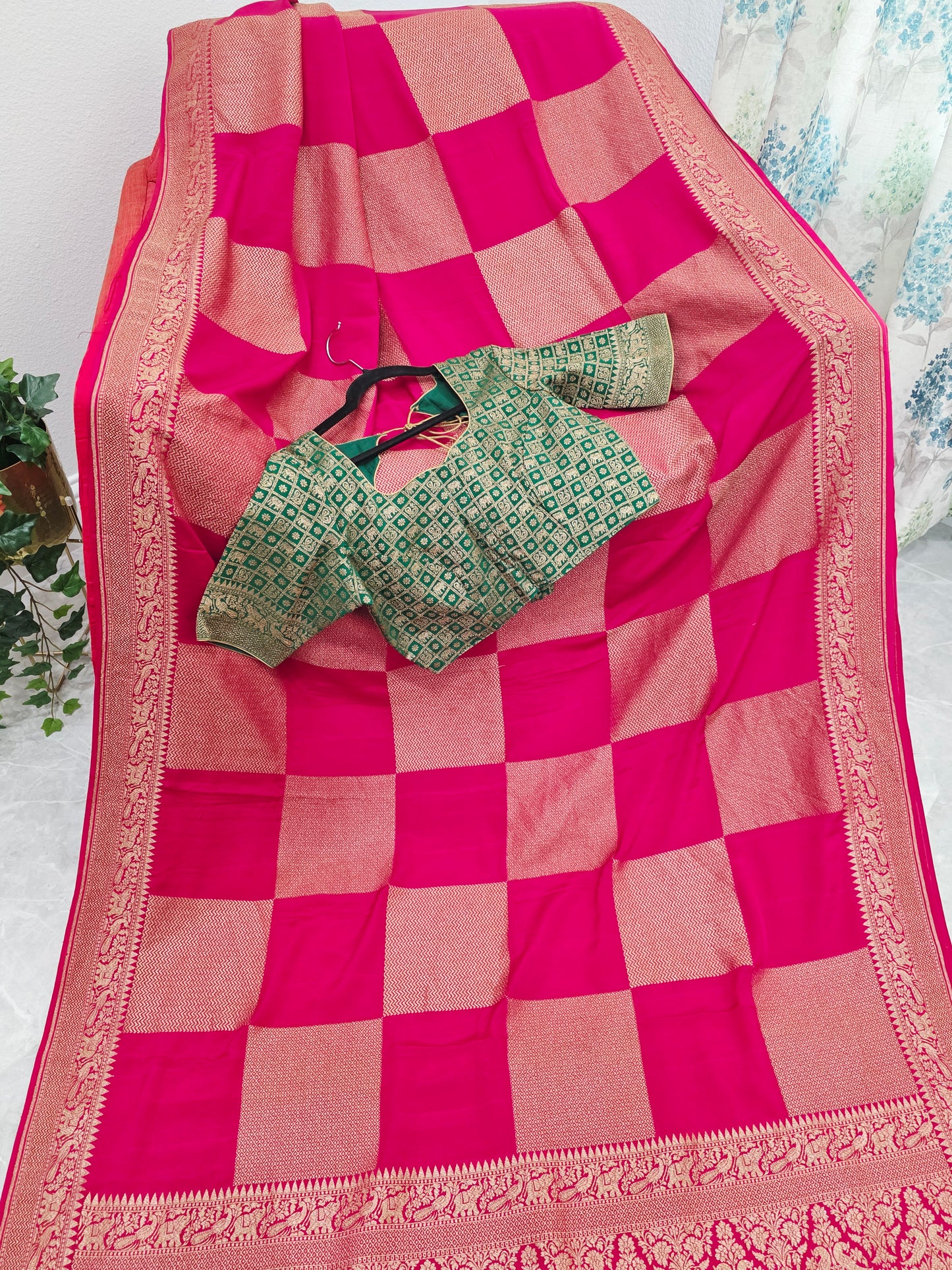 Deep Pink Pure Khadi Georgette Checks Saree with Antique Zari Border & Blouse