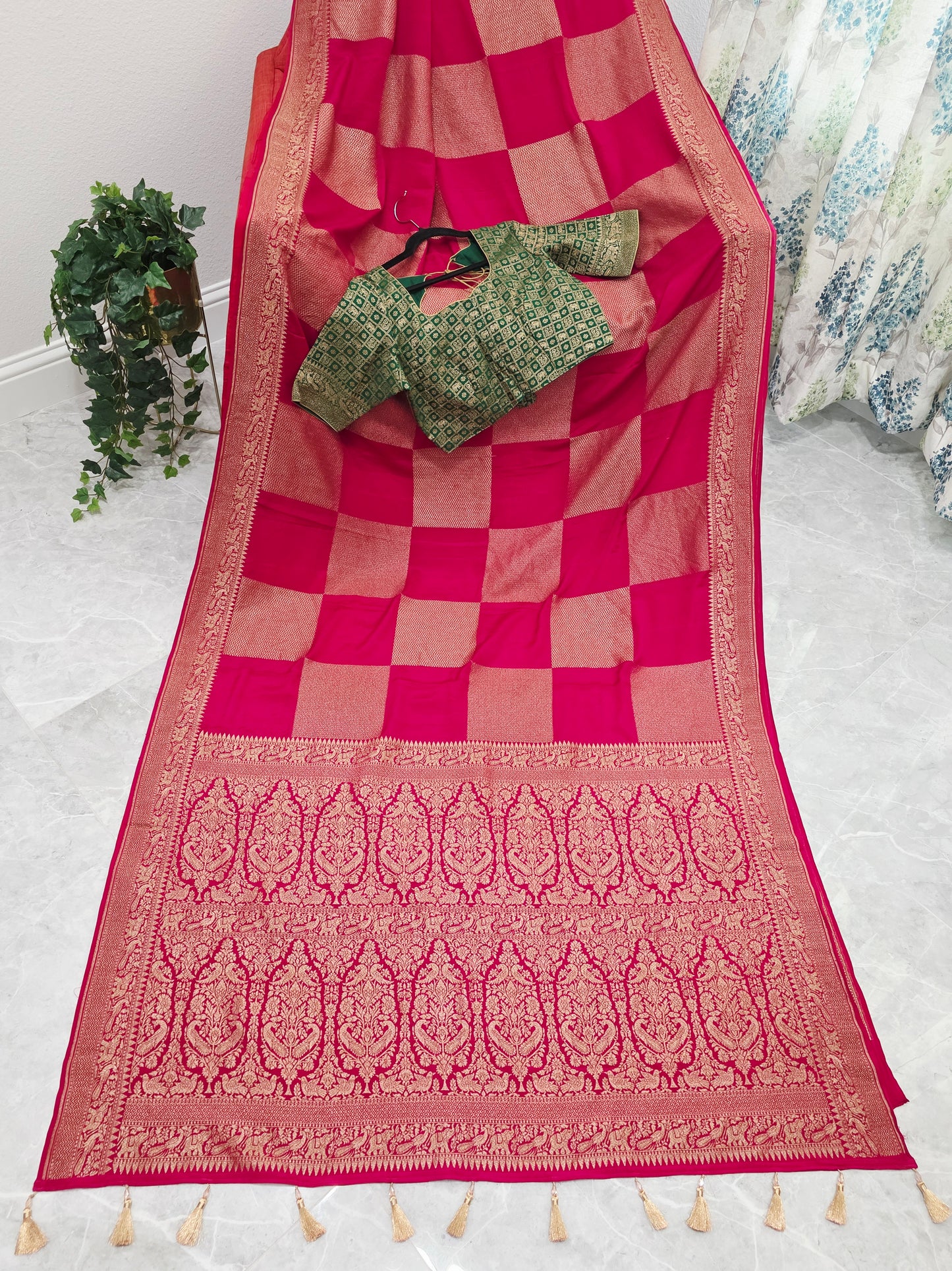 Deep Pink Pure Khadi Georgette Checks Saree with Antique Zari Border & Blouse