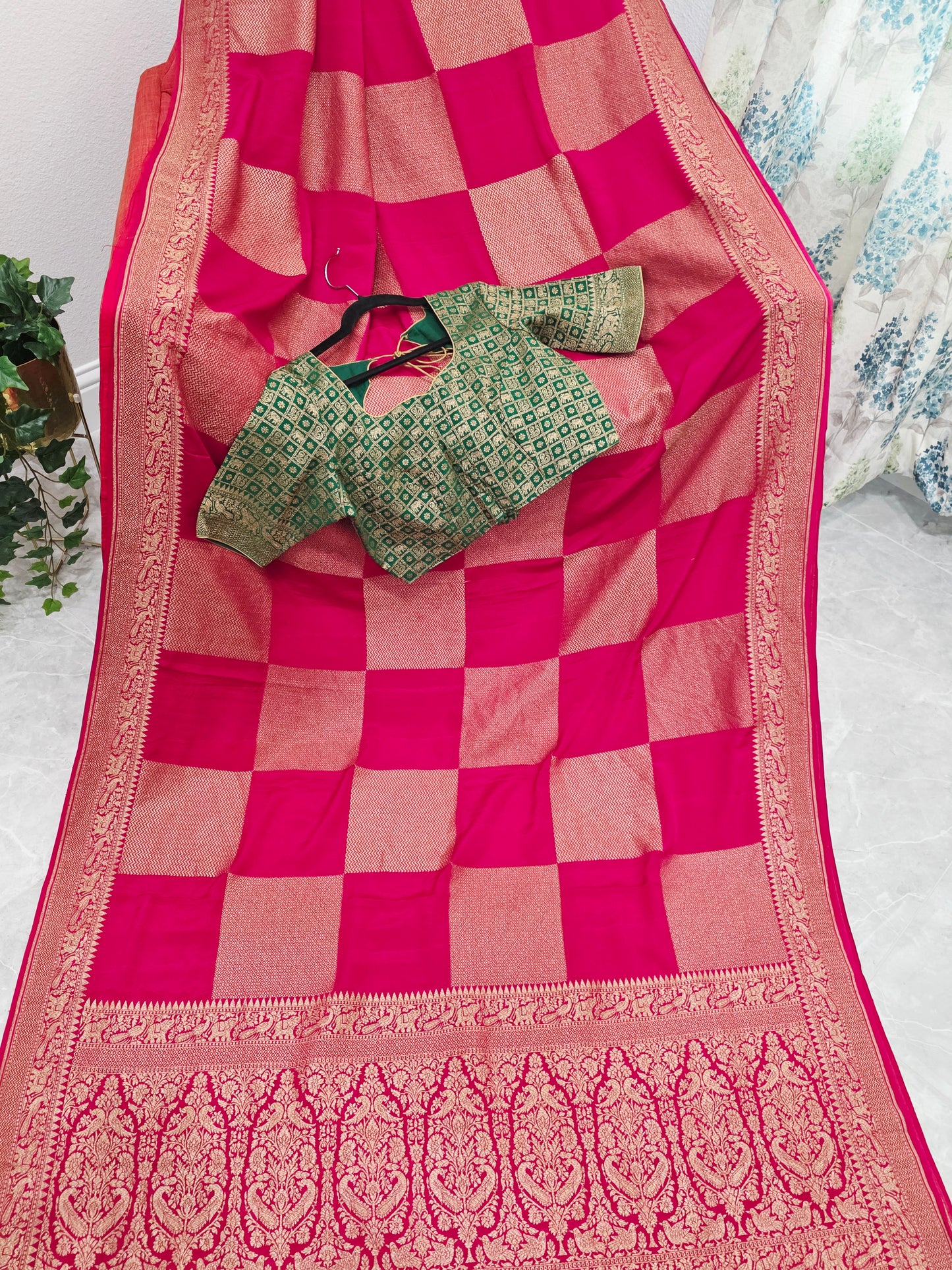 Deep Pink Pure Khadi Georgette Checks Saree with Antique Zari Border & Blouse