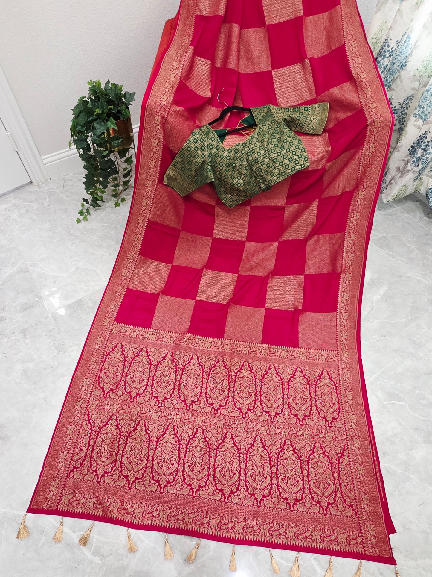 Deep Pink Pure Khadi Georgette Checks Saree with Antique Zari Border & Blouse