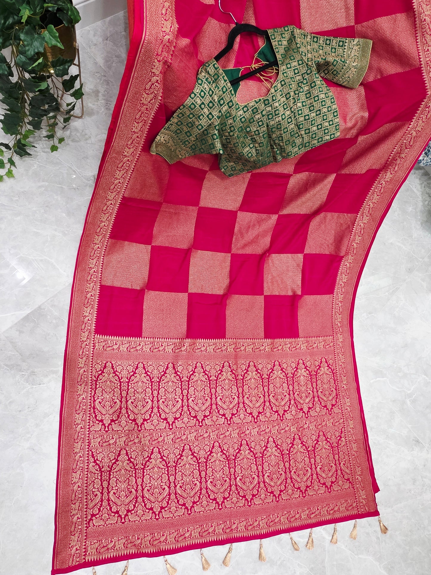 Deep Pink Pure Khadi Georgette Checks Saree with Antique Zari Border & Blouse