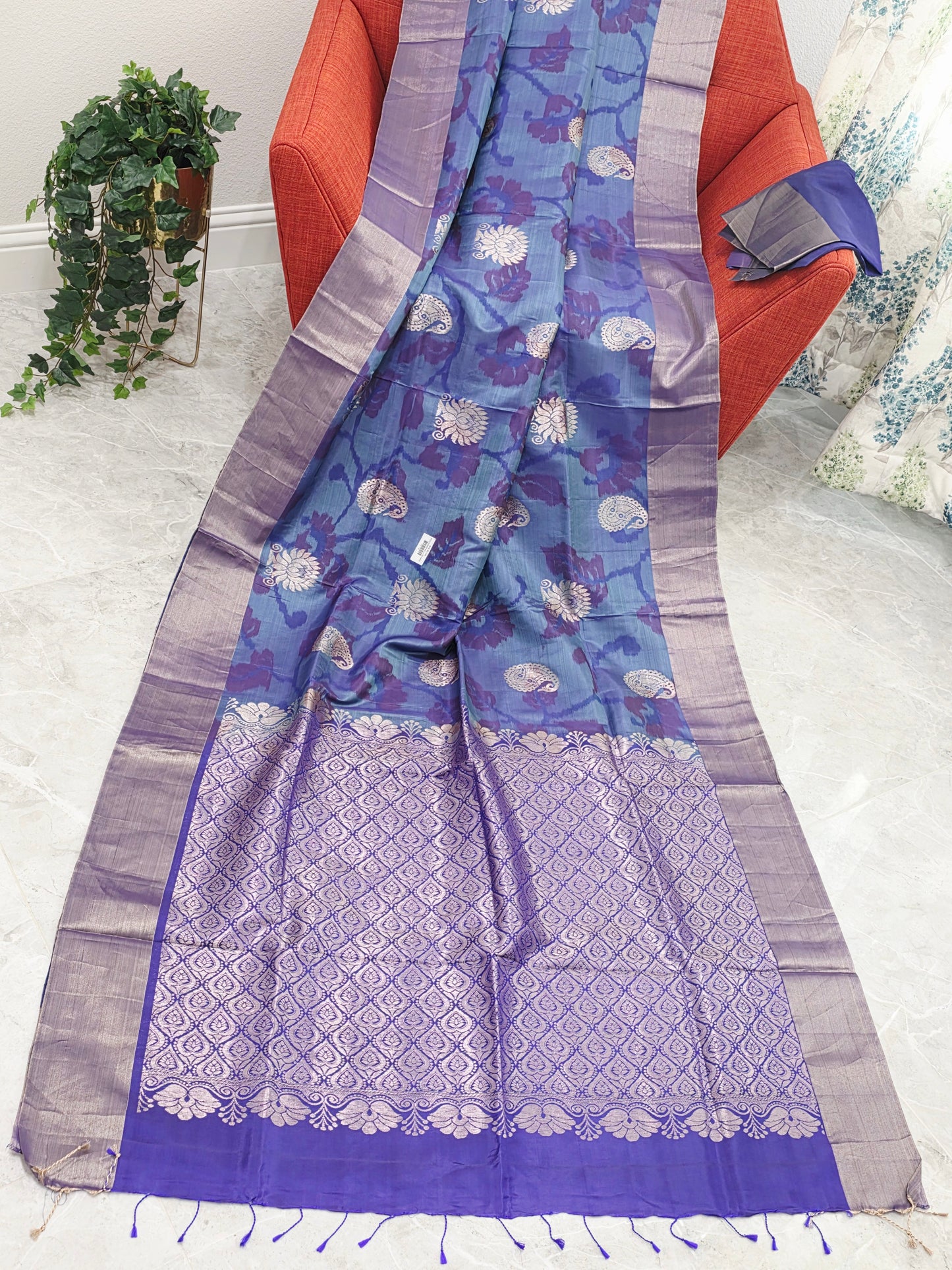 Blue & Purple Semi Kanchi Ikat Pochampally Soft Silk Saree with Zari Pallu