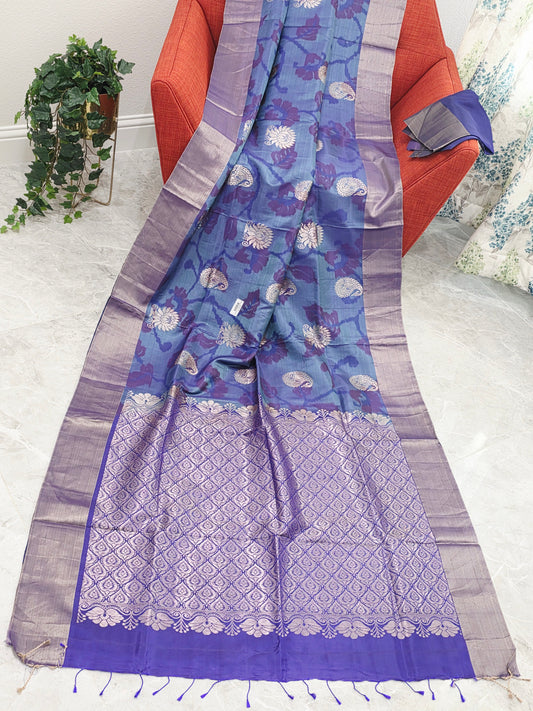 Blue & Purple Semi Kanchi Ikat Pochampally Soft Silk Saree with Zari Pallu