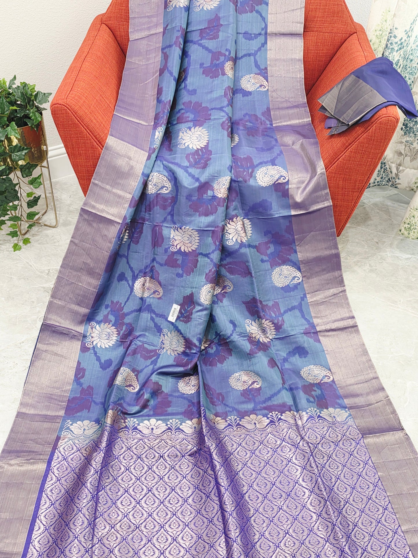 Blue & Purple Semi Kanchi Ikat Pochampally Soft Silk Saree with Zari Pallu