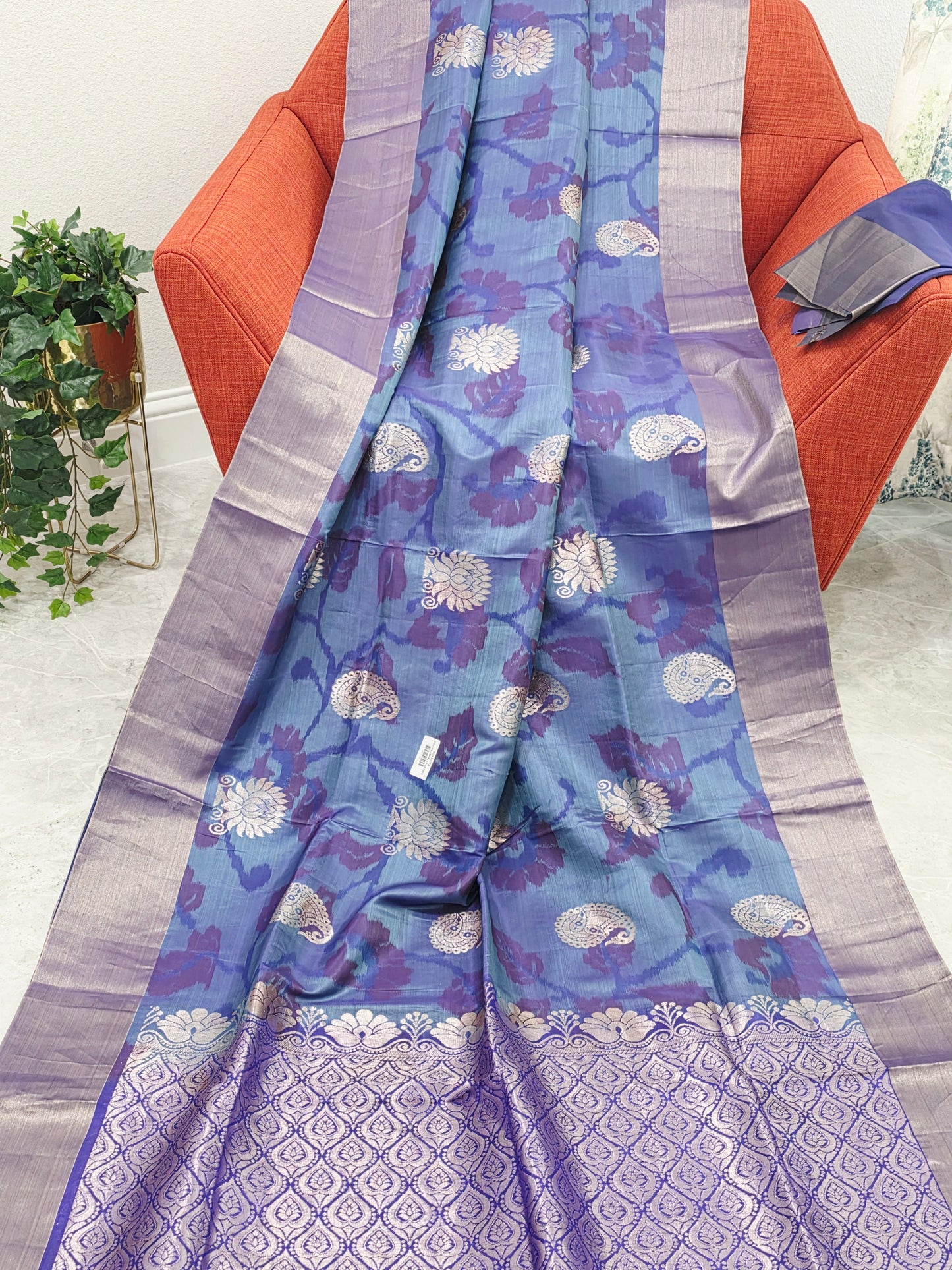 Blue & Purple Semi Kanchi Ikat Pochampally Soft Silk Saree with Zari Pallu