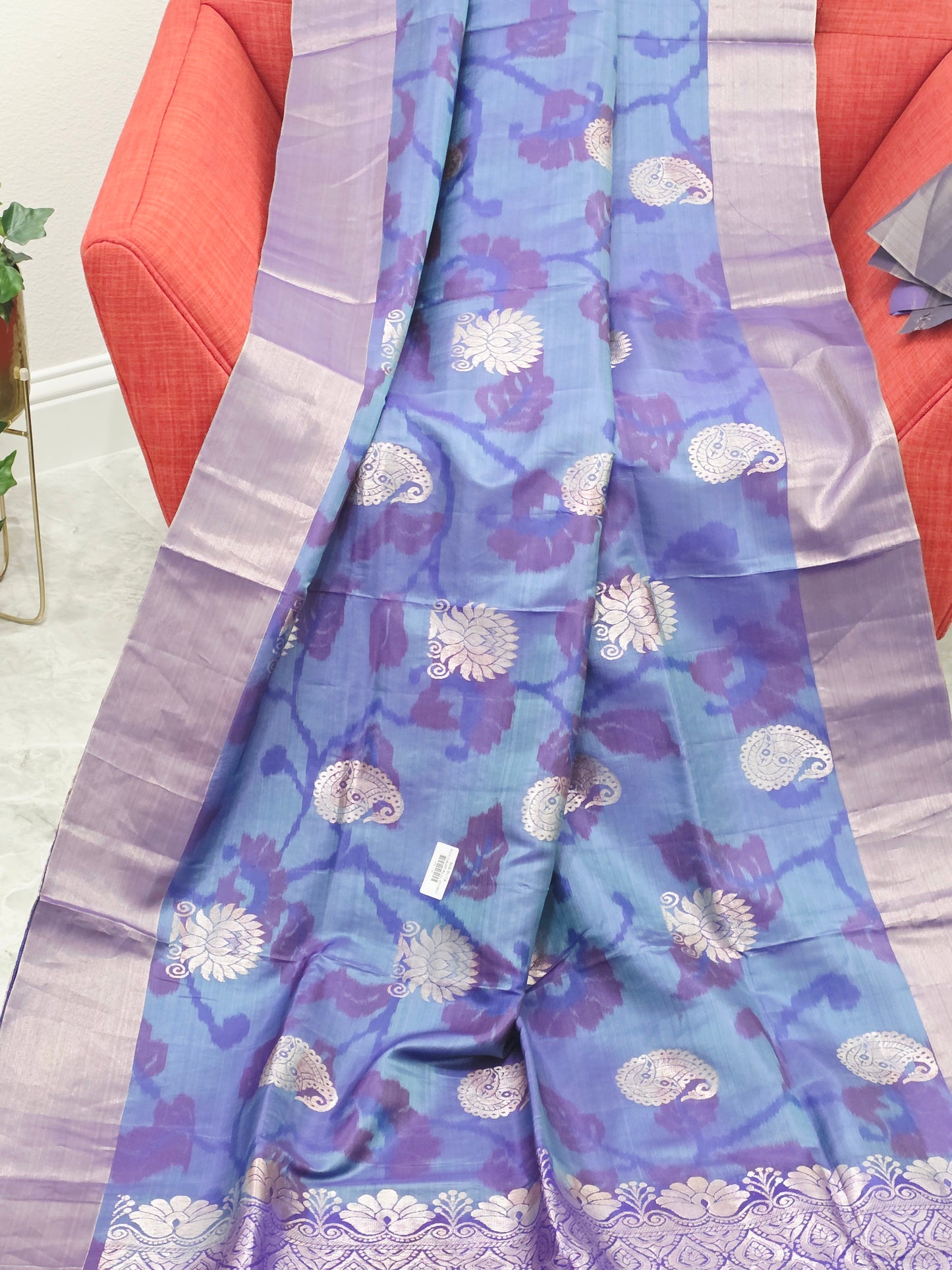 Blue & Purple Semi Kanchi Ikat Pochampally Soft Silk Saree with Zari Pallu