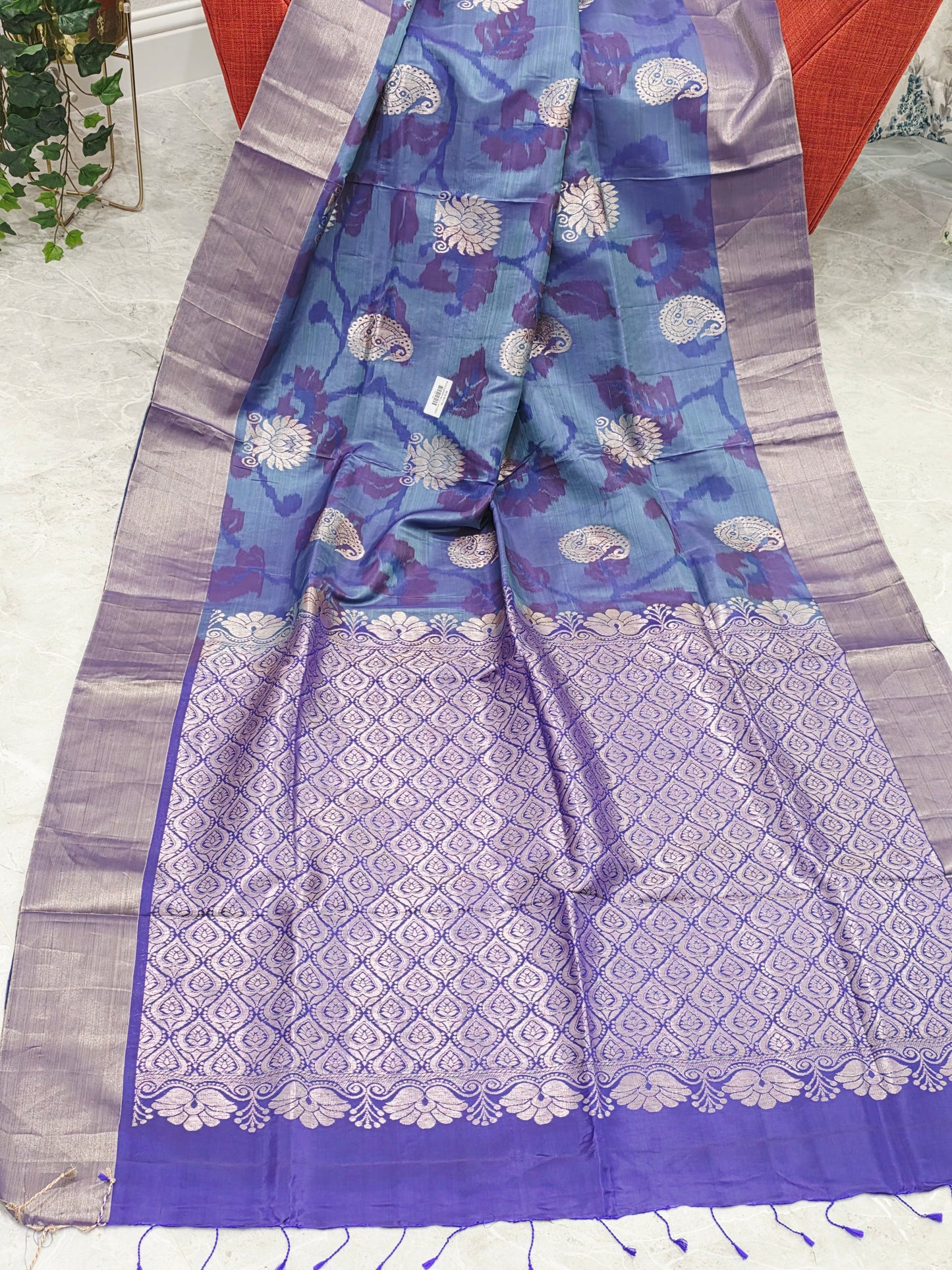 Blue & Purple Semi Kanchi Ikat Pochampally Soft Silk Saree with Zari Pallu