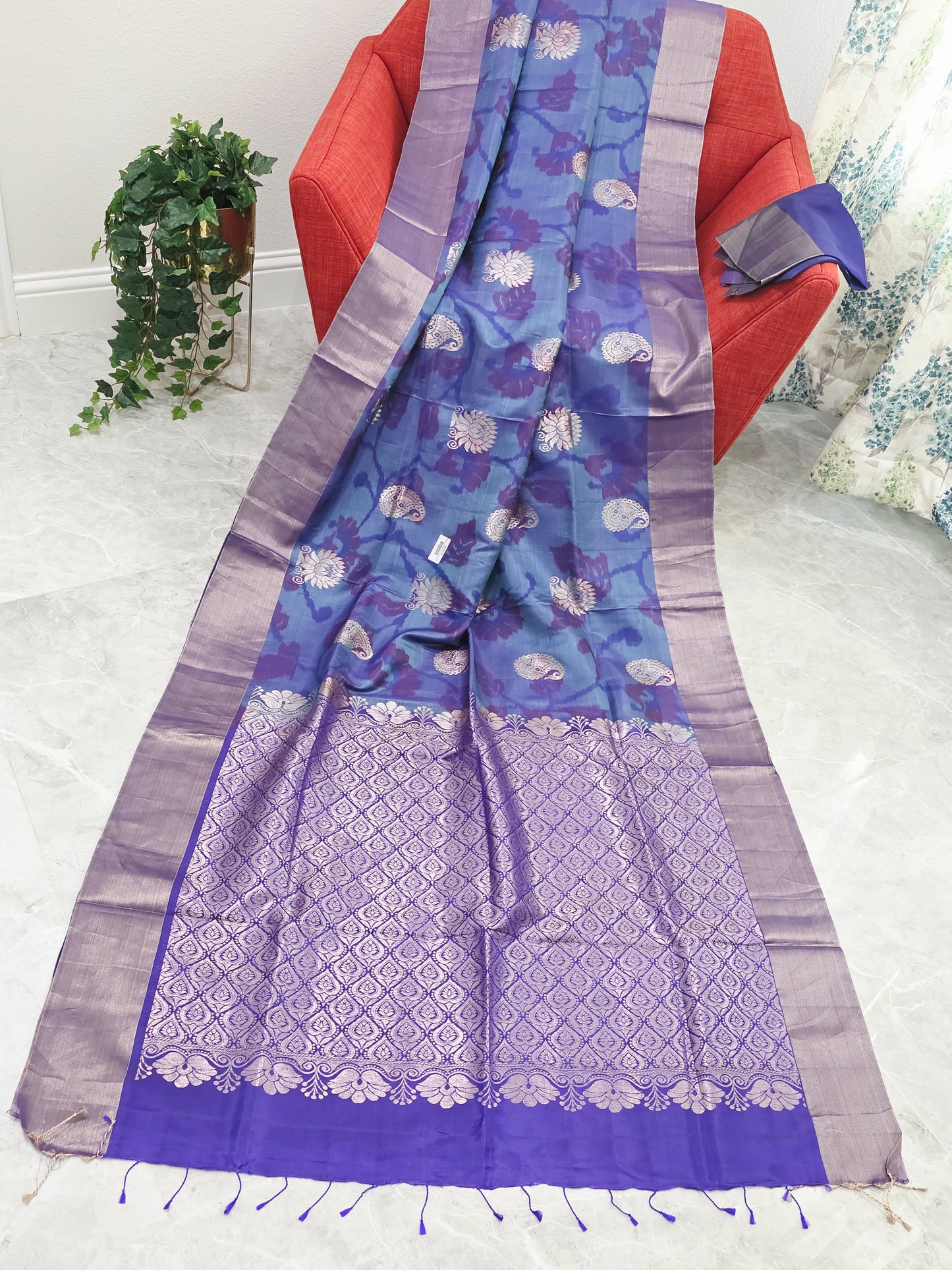 Blue & Purple Semi Kanchi Ikat Pochampally Soft Silk Saree with Zari Pallu