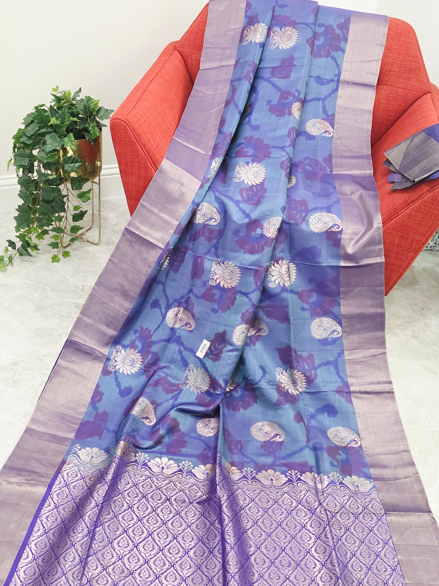 Blue & Purple Semi Kanchi Ikat Pochampally Soft Silk Saree with Zari Pallu