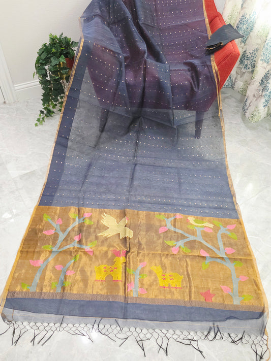 Gray Shade Pure Muslin Silk Saree with Sequins Work & Paithani Pallu