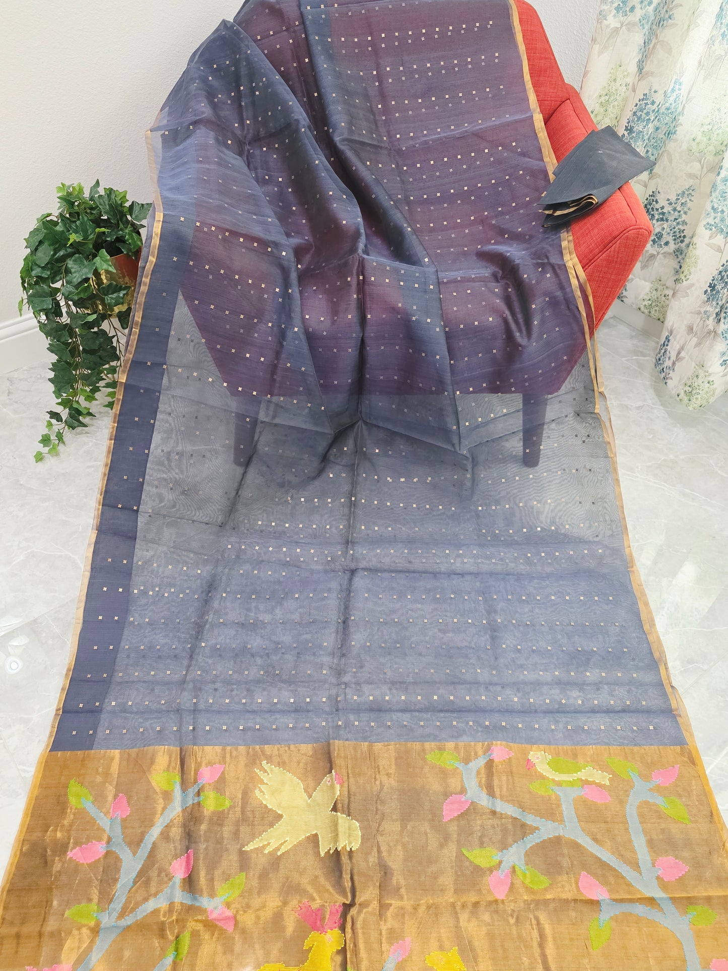 Gray Shade Pure Muslin Silk Saree with Sequins Work & Paithani Pallu