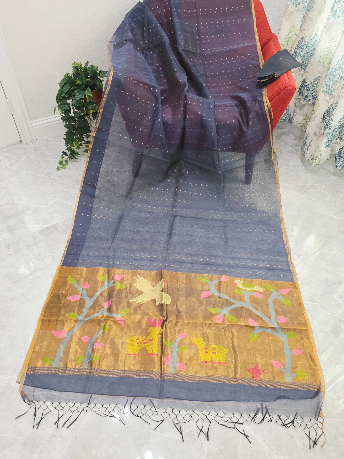 Gray Shade Pure Muslin Silk Saree with Sequins Work & Paithani Pallu