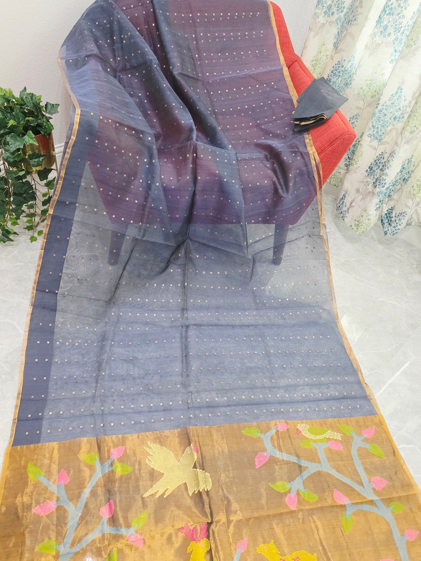 Gray Shade Pure Muslin Silk Saree with Sequins Work & Paithani Pallu