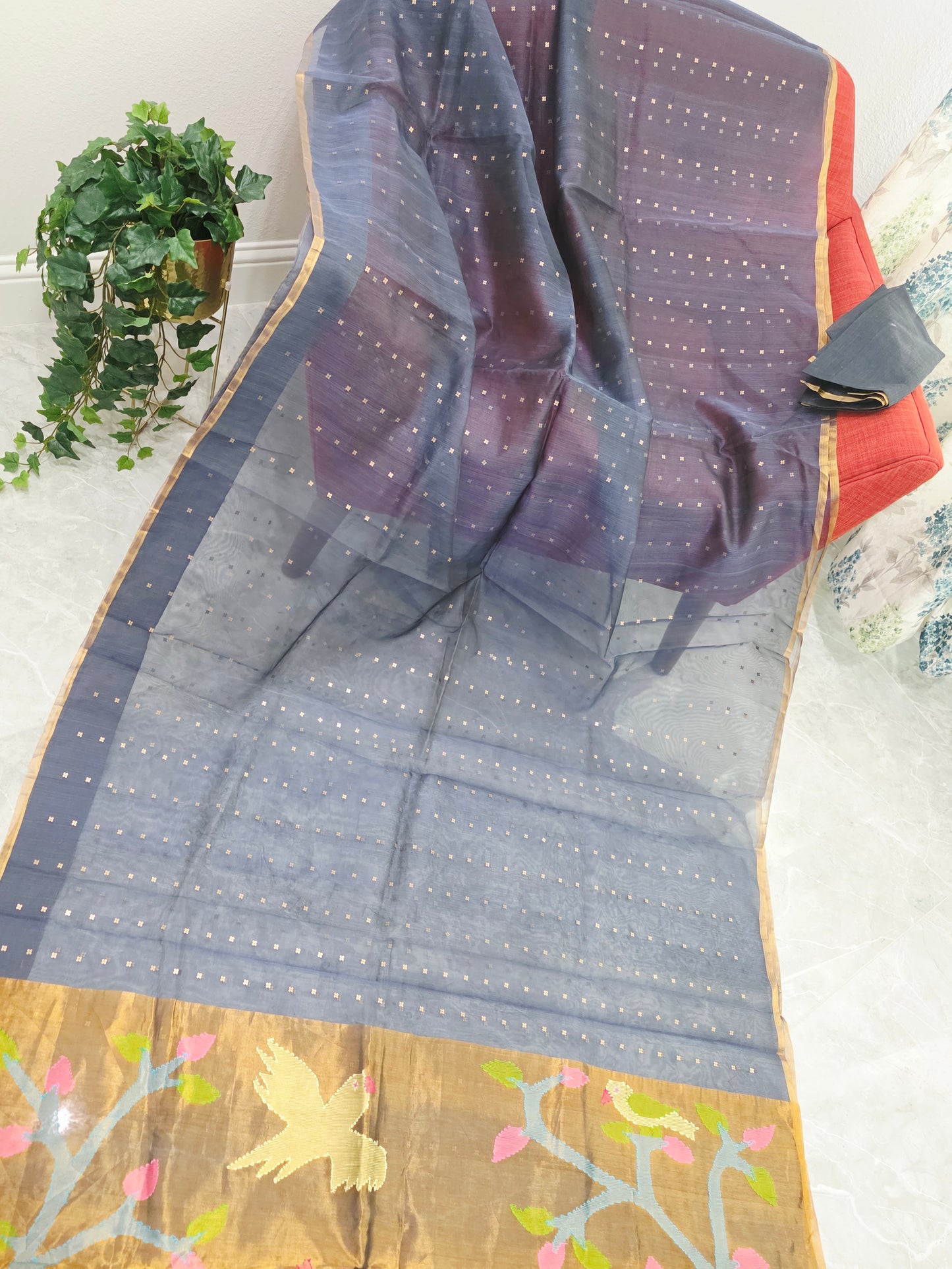 Gray Shade Pure Muslin Silk Saree with Sequins Work & Paithani Pallu