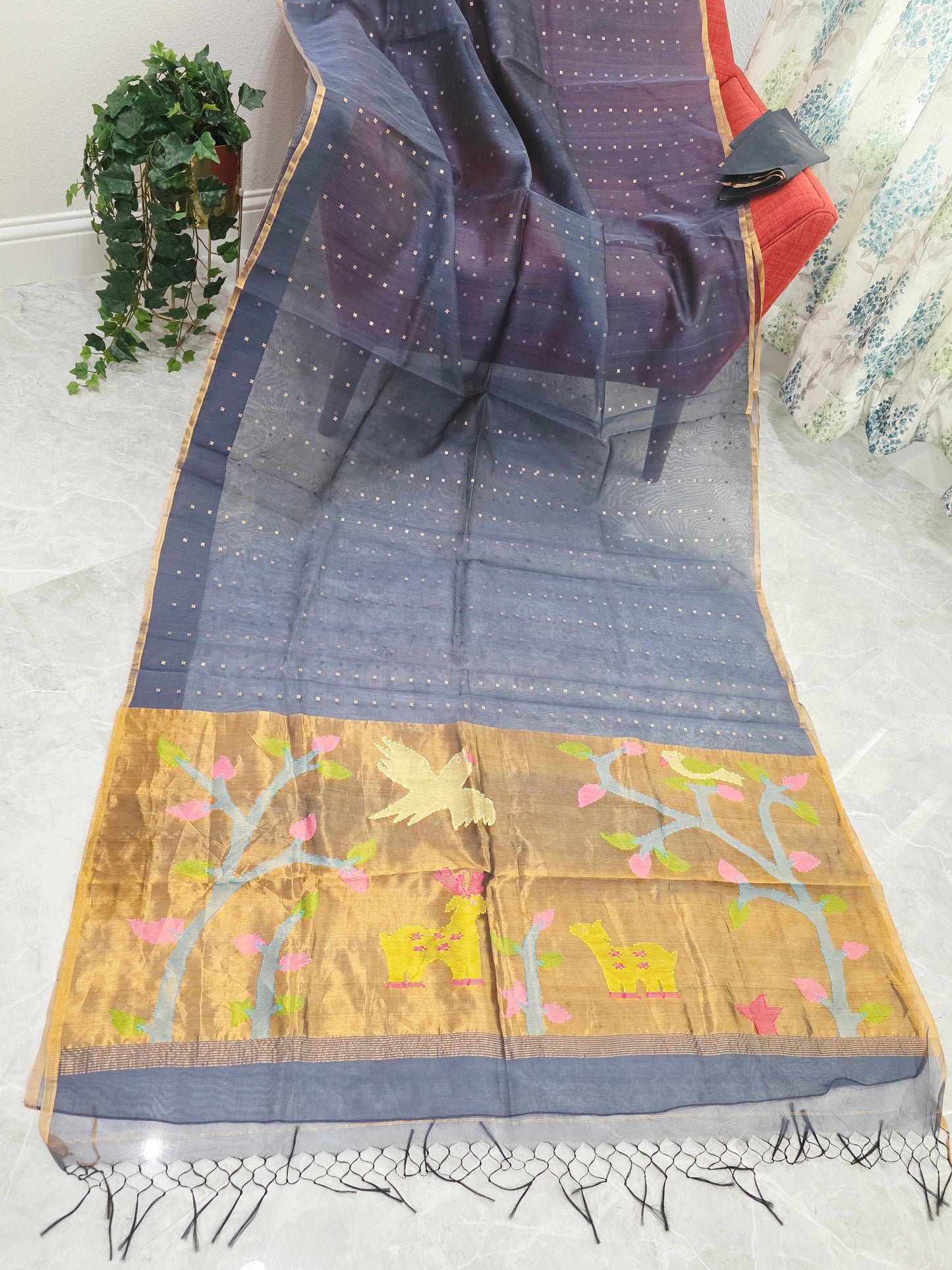 Gray Shade Pure Muslin Silk Saree with Sequins Work & Paithani Pallu