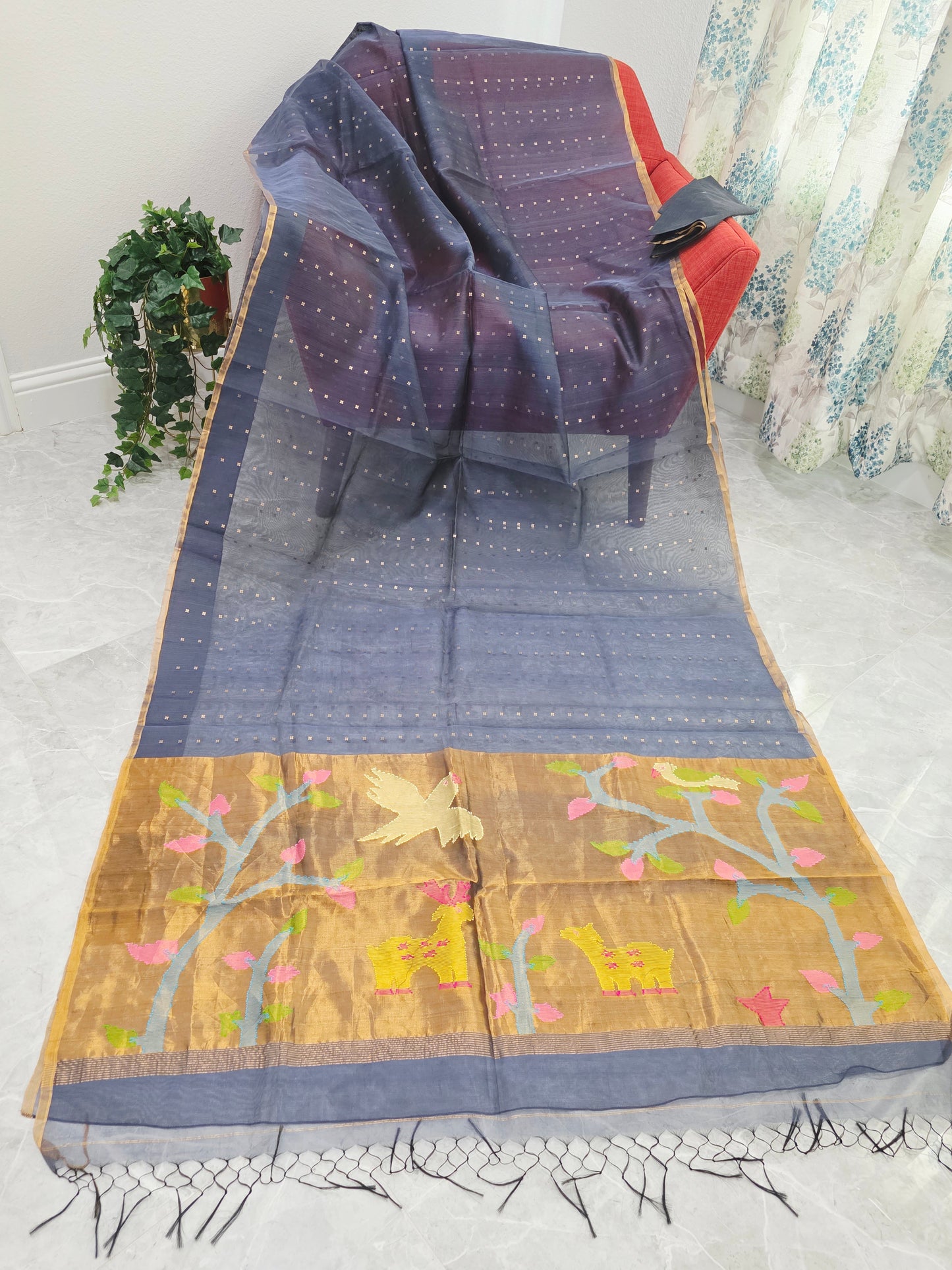 Gray Shade Pure Muslin Silk Saree with Sequins Work & Paithani Pallu