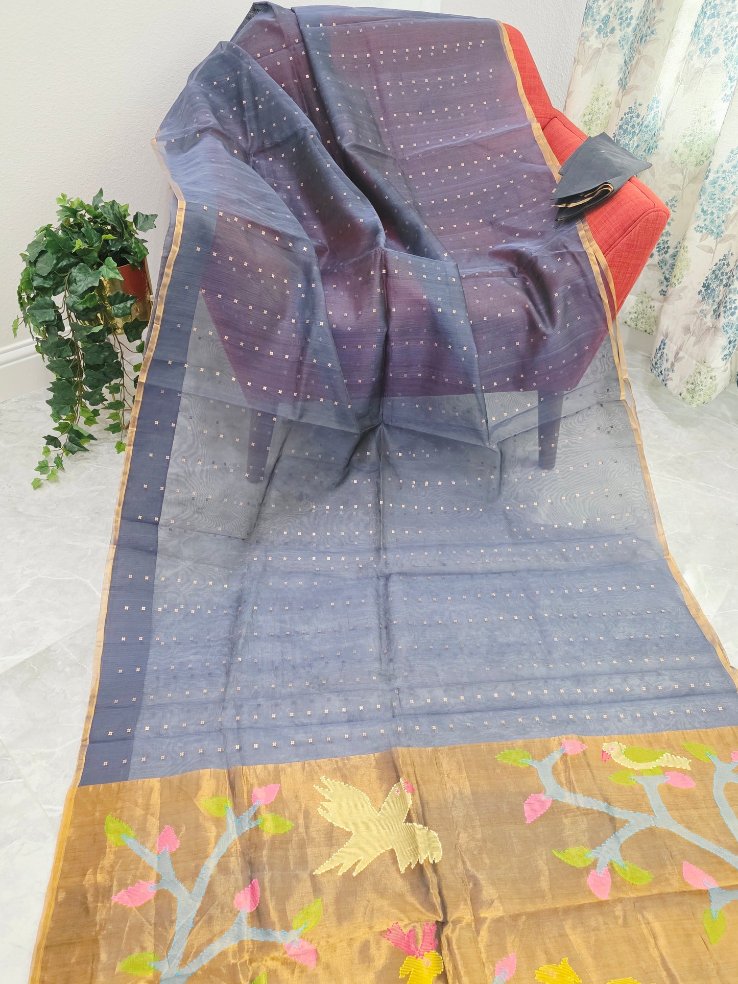 Gray Shade Pure Muslin Silk Saree with Sequins Work & Paithani Pallu