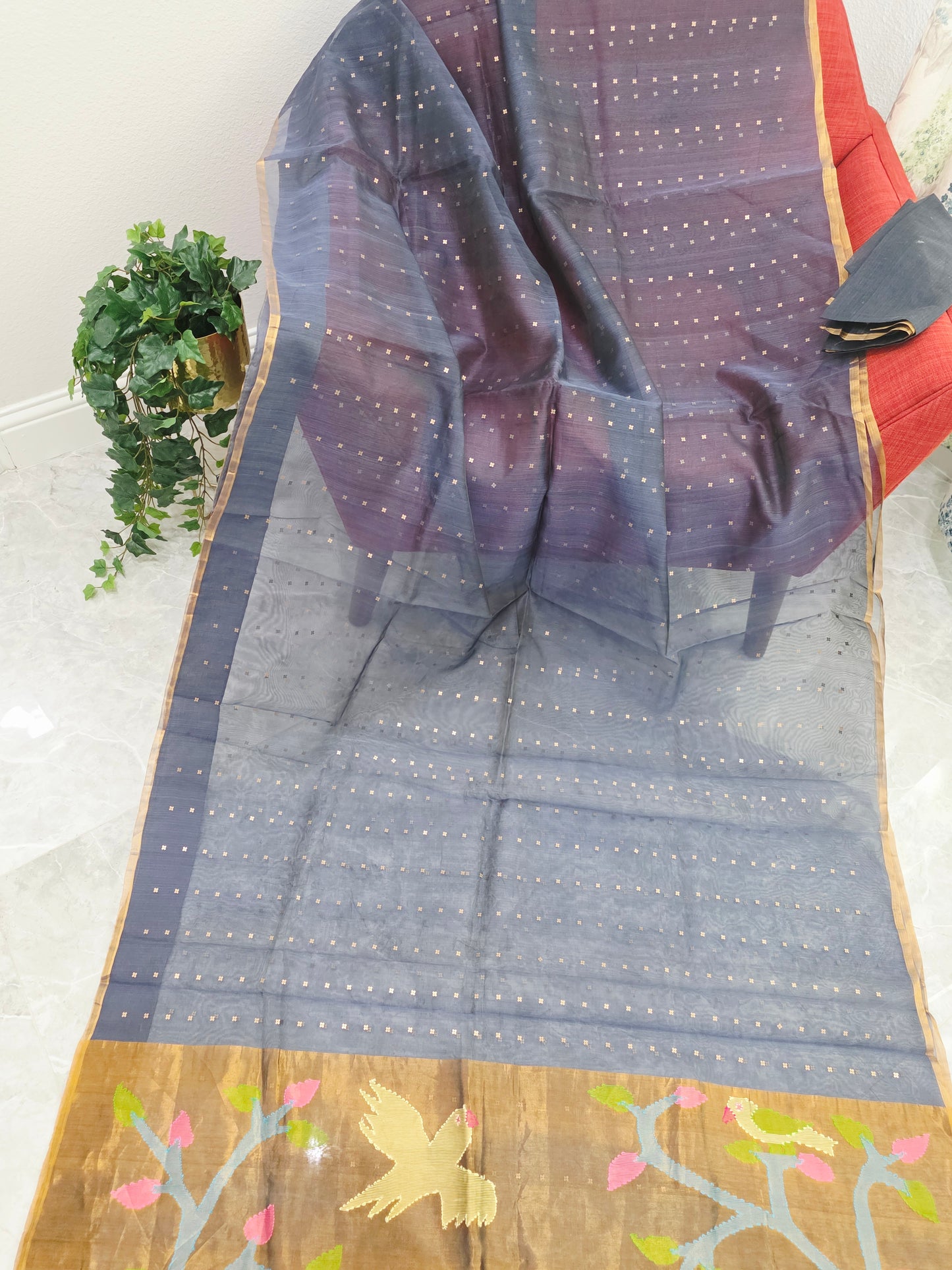Gray Shade Pure Muslin Silk Saree with Sequins Work & Paithani Pallu