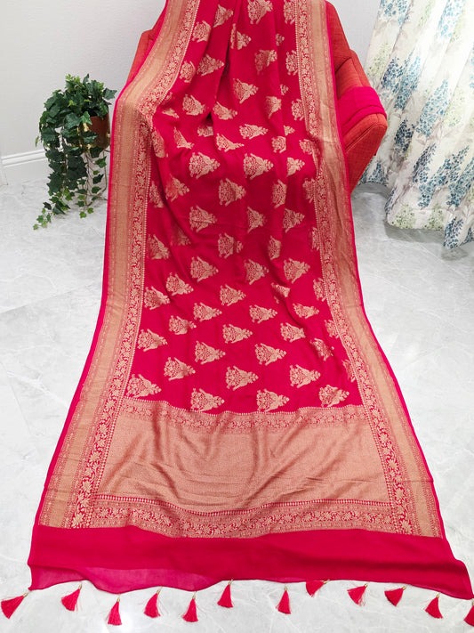 Red Pure Khaddi Georgette Designer Saree with Peacock Zari Butta
