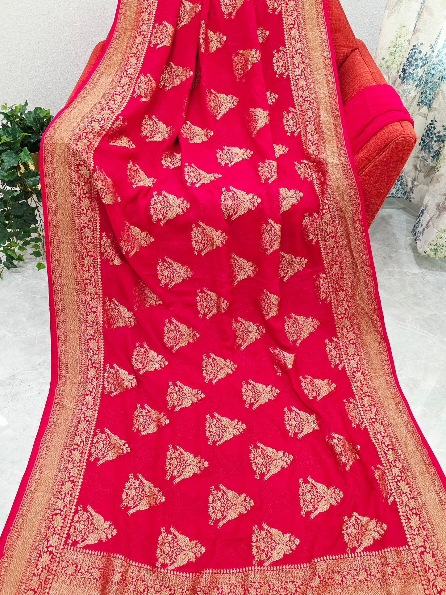 Red Pure Khaddi Georgette Designer Saree with Peacock Zari Butta