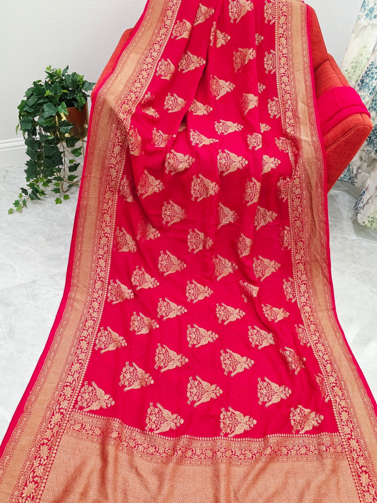 Red Pure Khaddi Georgette Designer Saree with Peacock Zari Butta