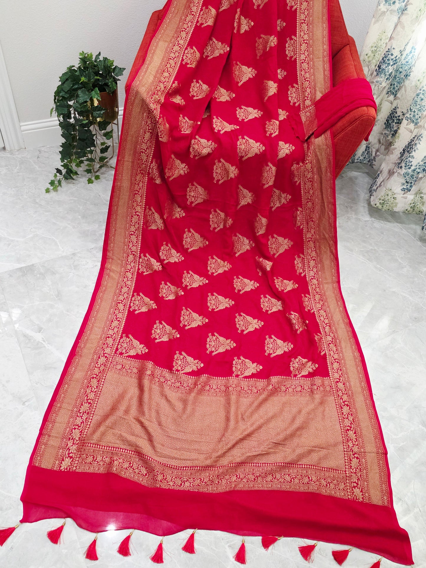 Red Pure Khaddi Georgette Designer Saree with Peacock Zari Butta