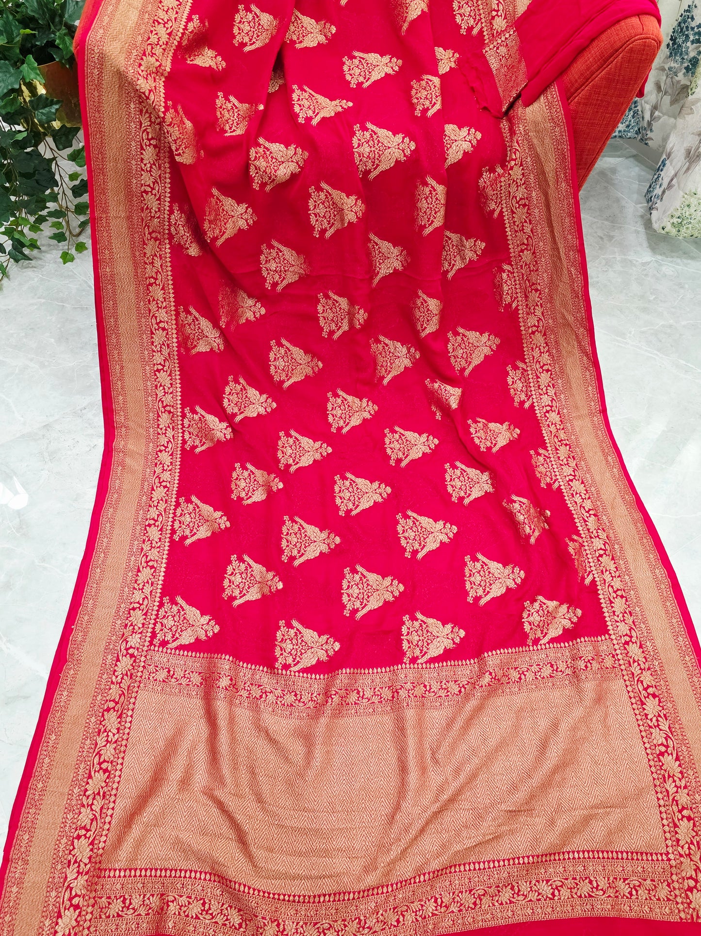 Red Pure Khaddi Georgette Designer Saree with Peacock Zari Butta