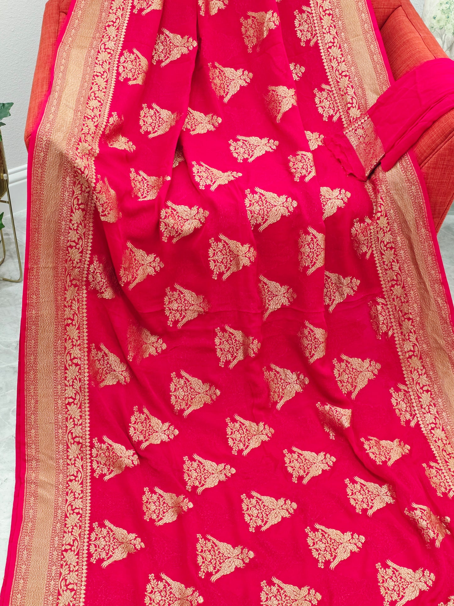Red Pure Khaddi Georgette Designer Saree with Peacock Zari Butta
