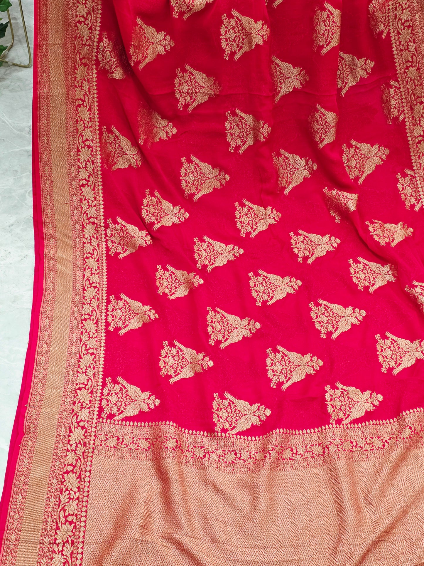 Red Pure Khaddi Georgette Designer Saree with Peacock Zari Butta