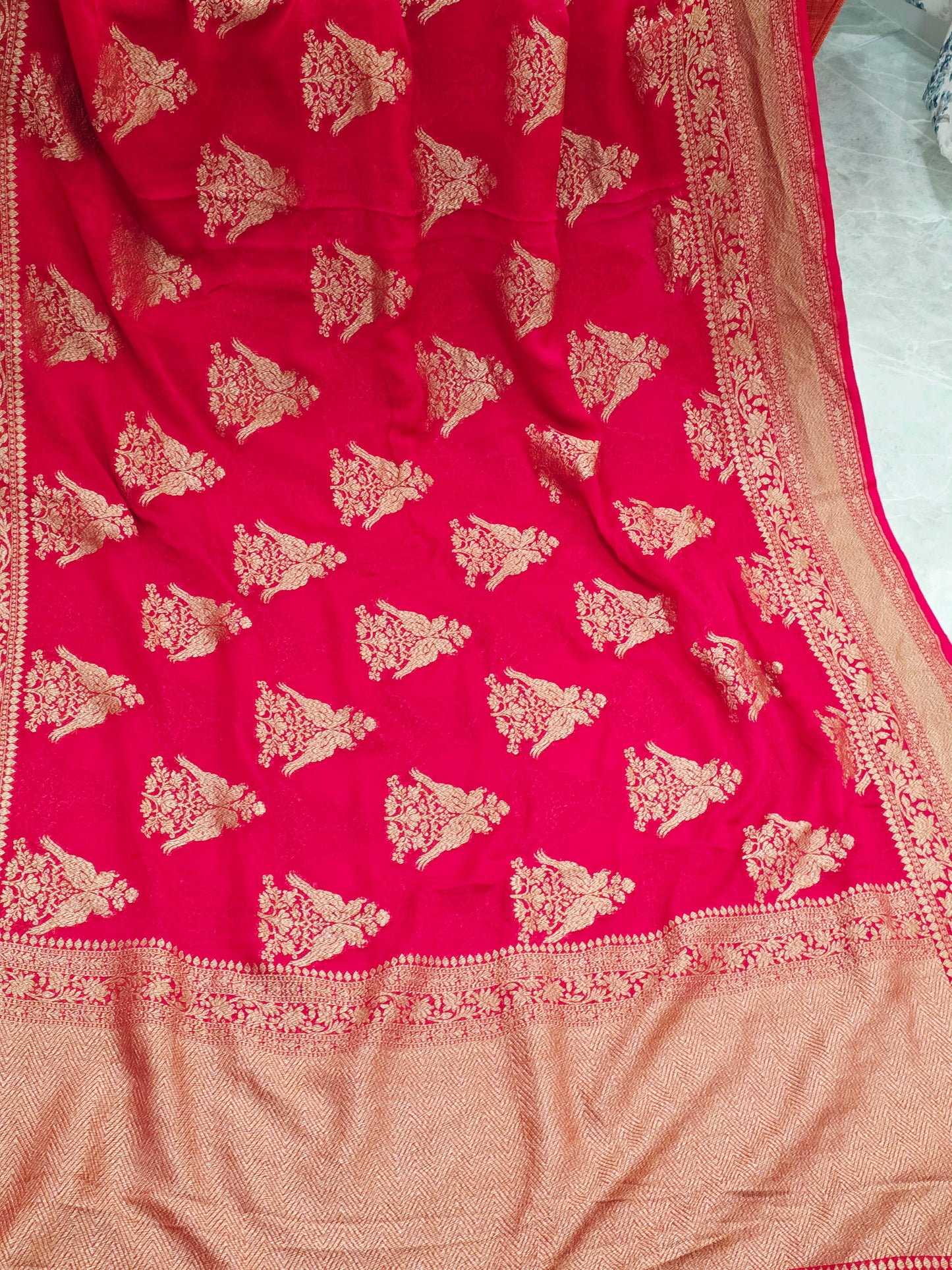 Red Pure Khaddi Georgette Designer Saree with Peacock Zari Butta
