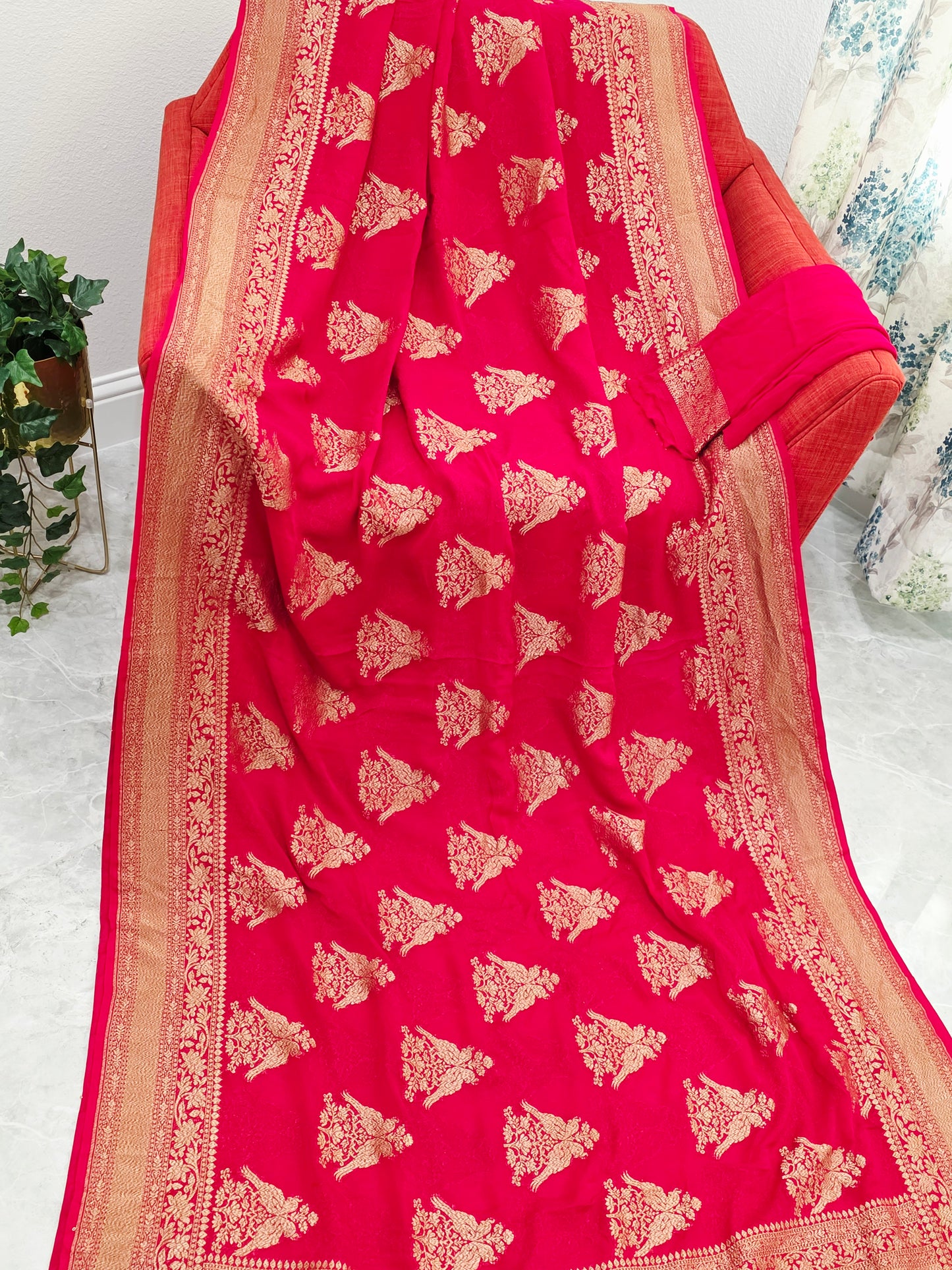 Red Pure Khaddi Georgette Designer Saree with Peacock Zari Butta