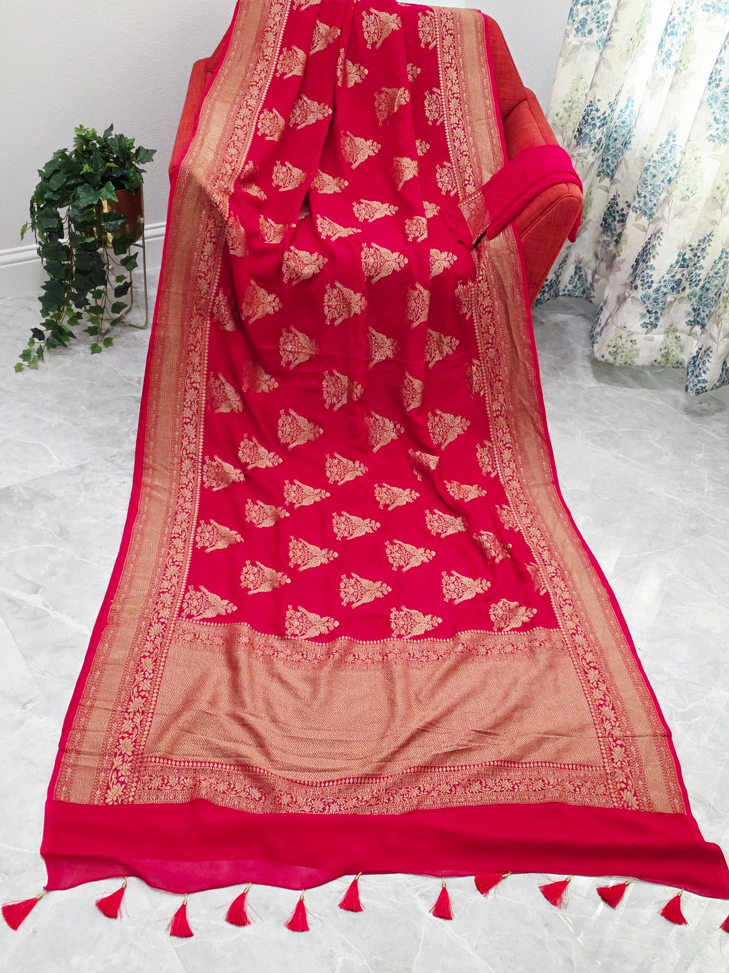 Red Pure Khaddi Georgette Designer Saree with Peacock Zari Butta