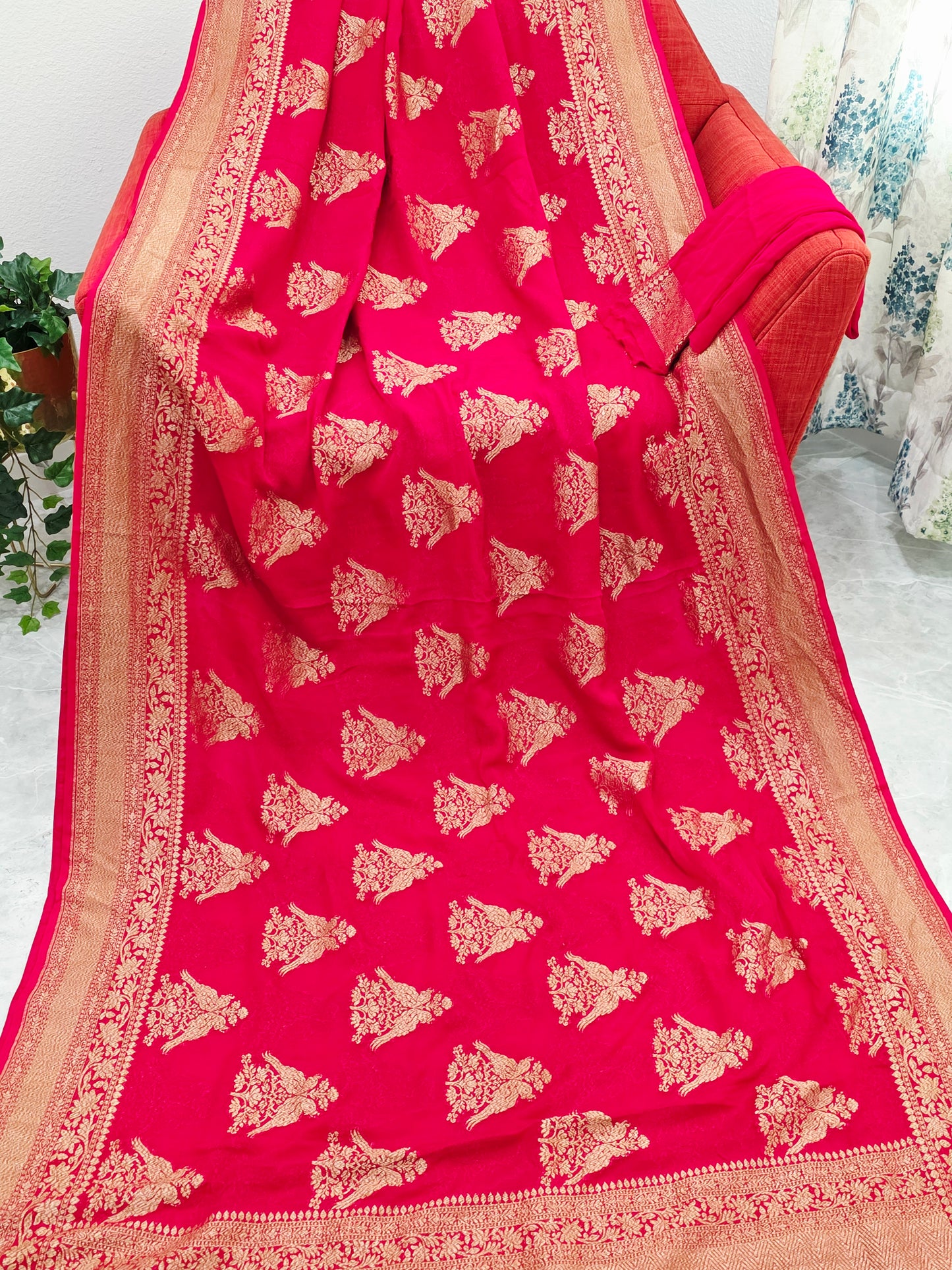 Red Pure Khaddi Georgette Designer Saree with Peacock Zari Butta