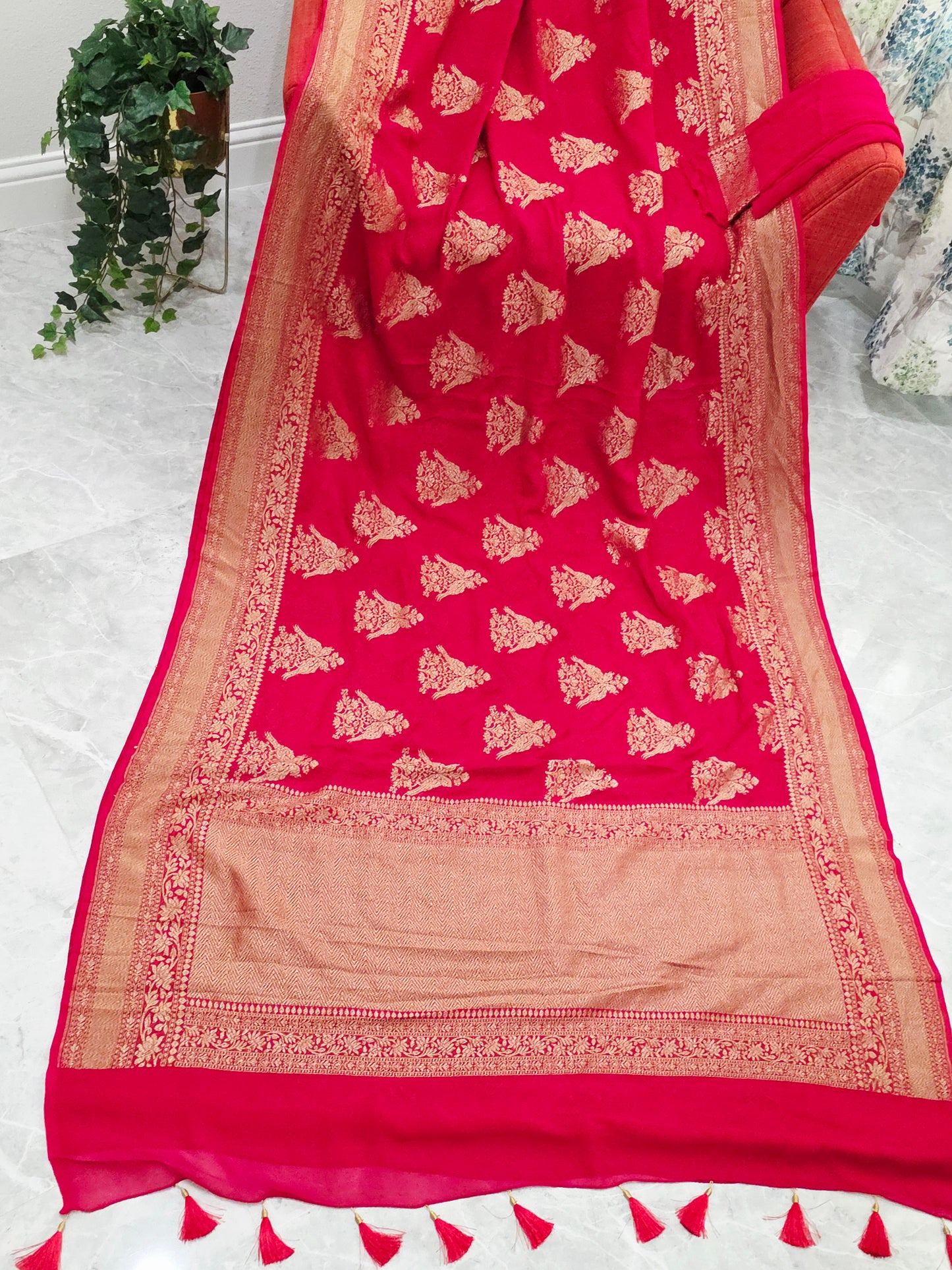 Red Pure Khaddi Georgette Designer Saree with Peacock Zari Butta