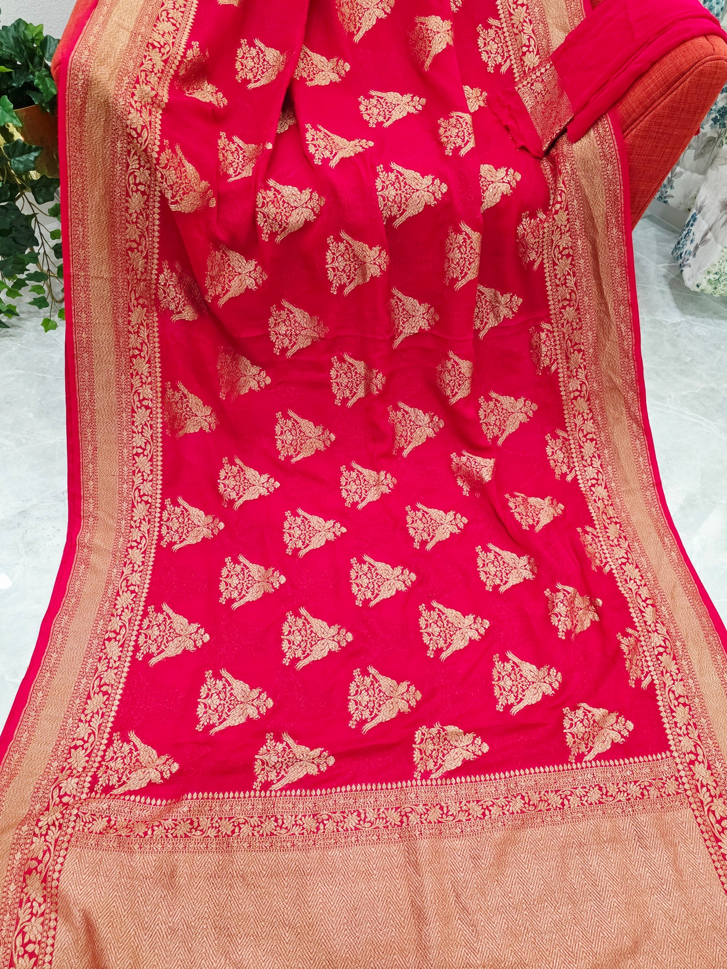 Red Pure Khaddi Georgette Designer Saree with Peacock Zari Butta