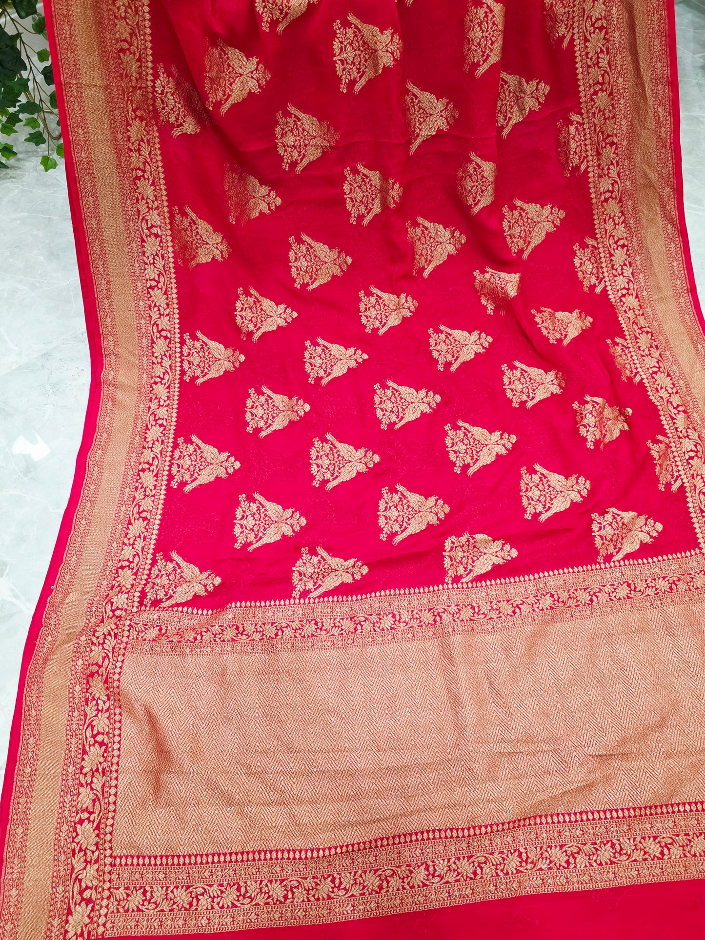 Red Pure Khaddi Georgette Designer Saree with Peacock Zari Butta