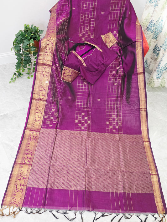 Mangalagiri Pattu Checks Designer Purple Saree with Stitched Blouse