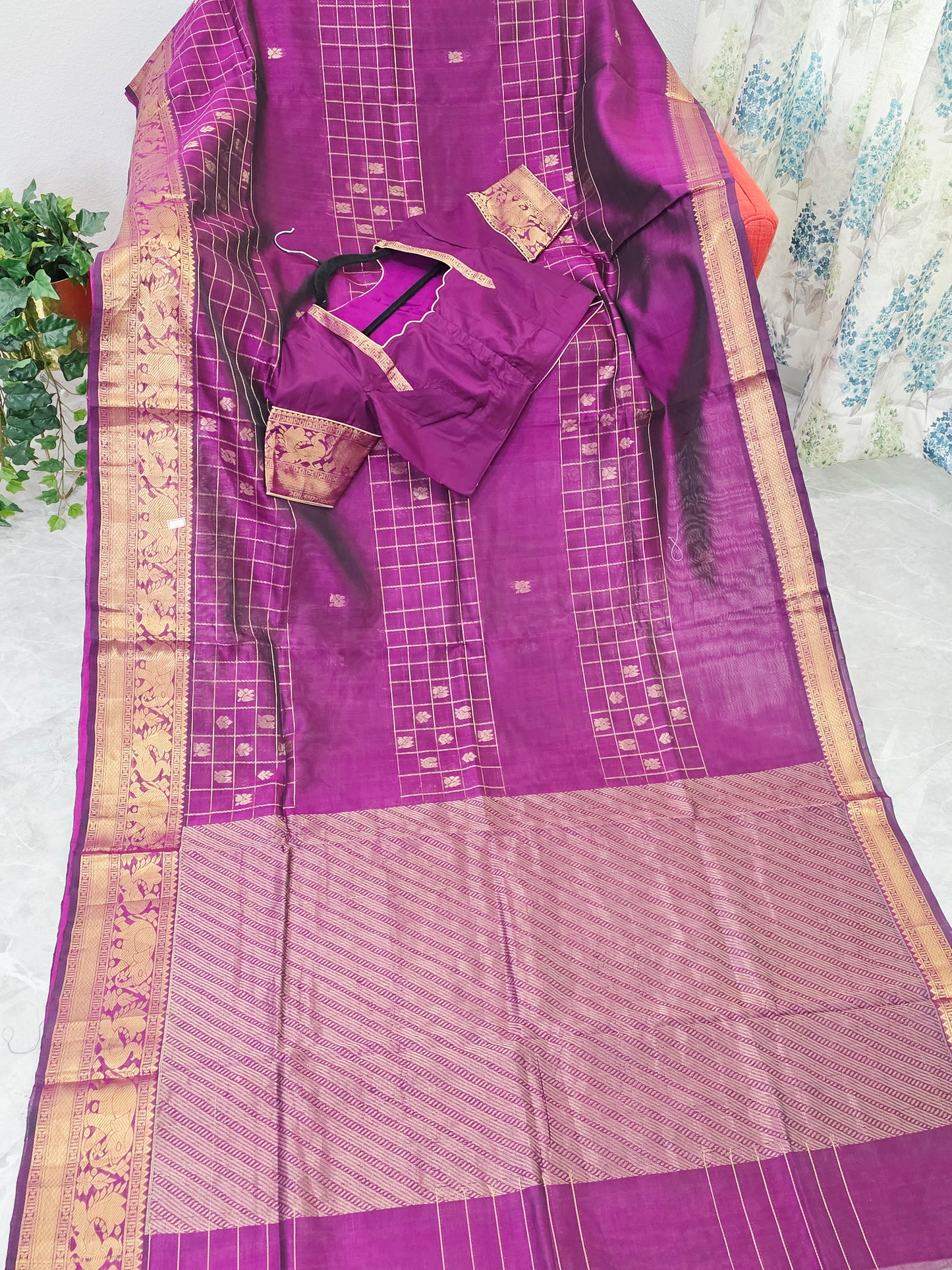 Mangalagiri Pattu Checks Designer Purple Saree with Stitched Blouse
