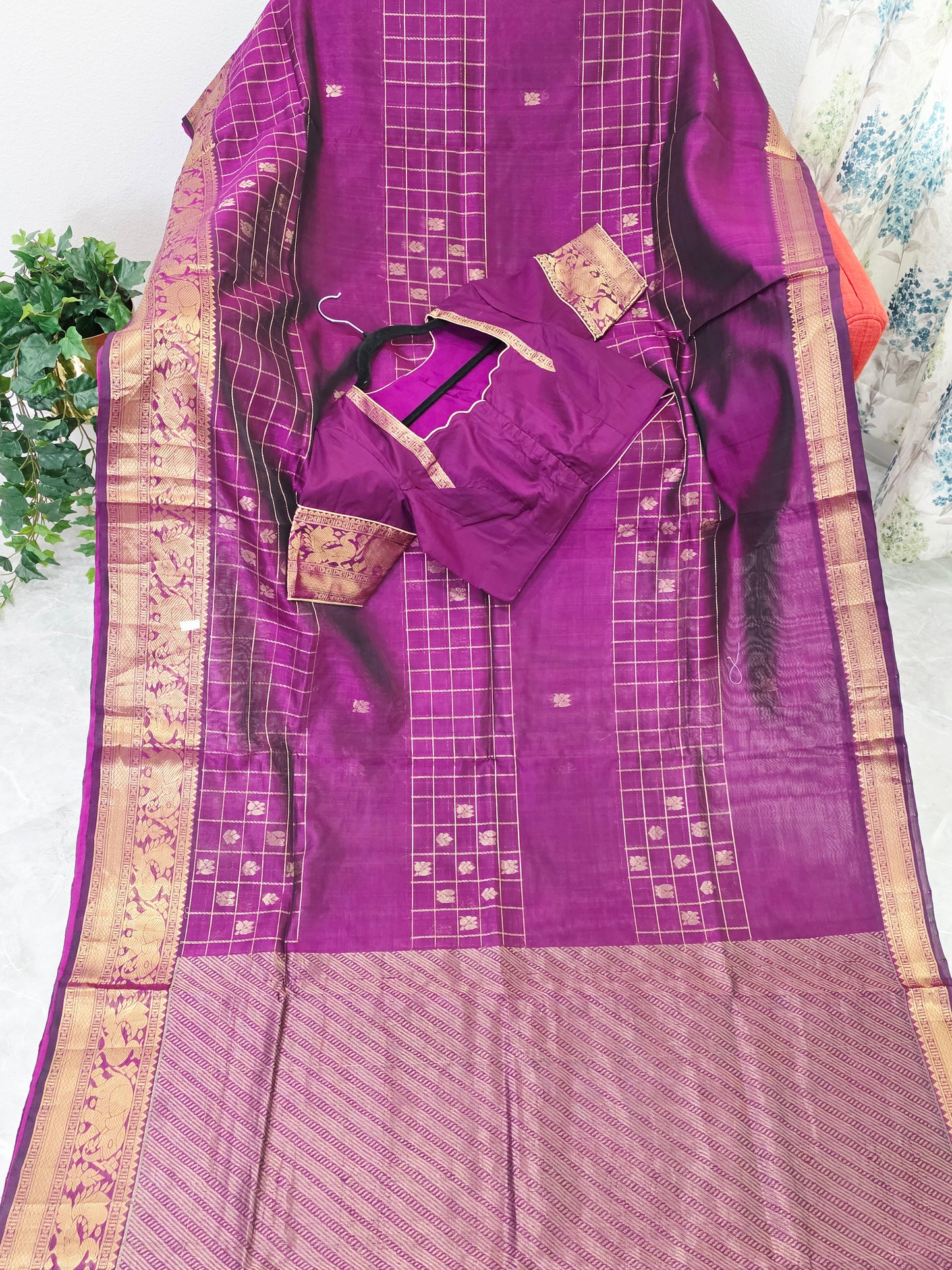Mangalagiri Pattu Checks Designer Purple Saree with Stitched Blouse