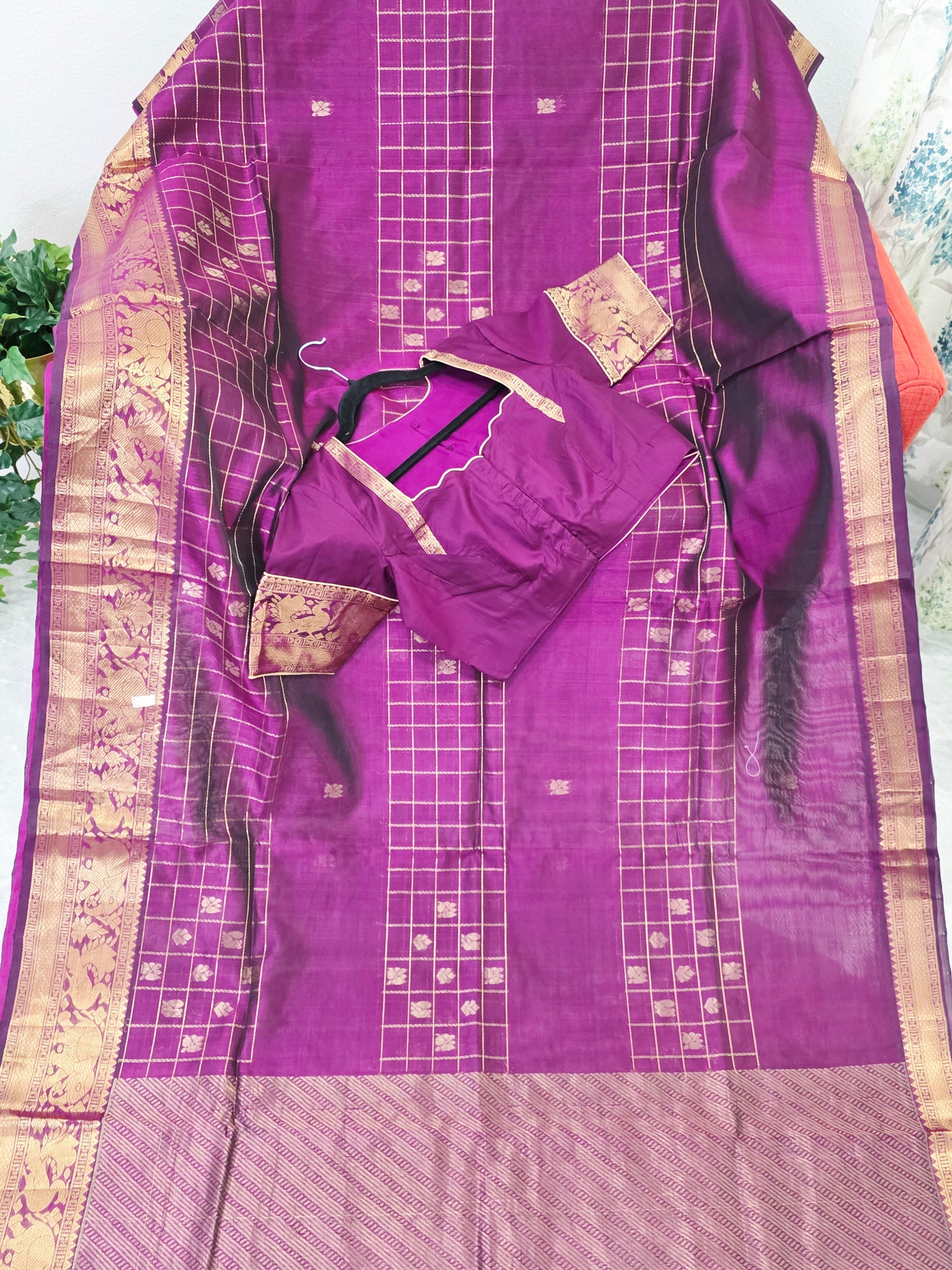 Mangalagiri Pattu Checks Designer Purple Saree with Stitched Blouse