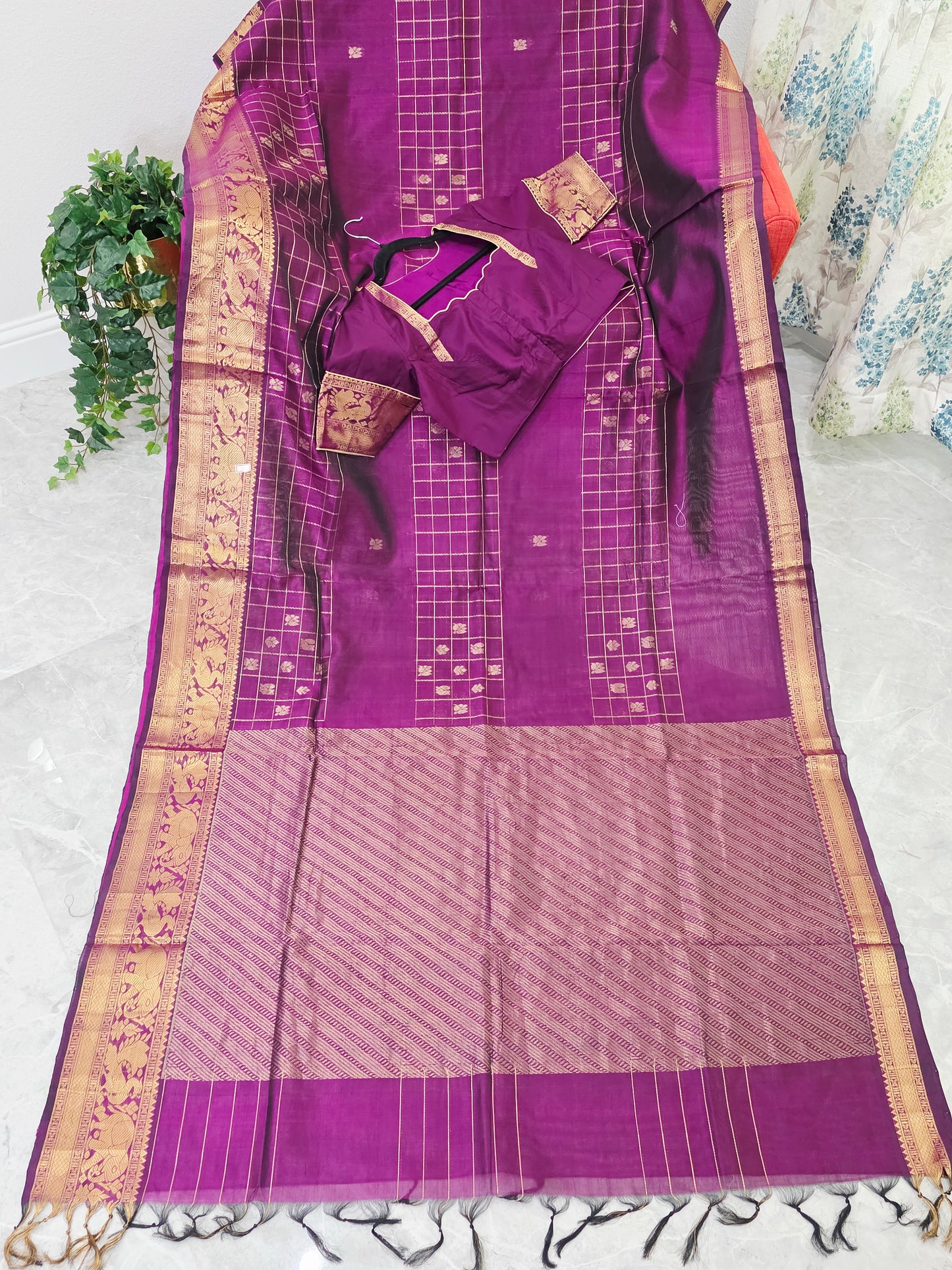 Mangalagiri Pattu Checks Designer Purple Saree with Stitched Blouse