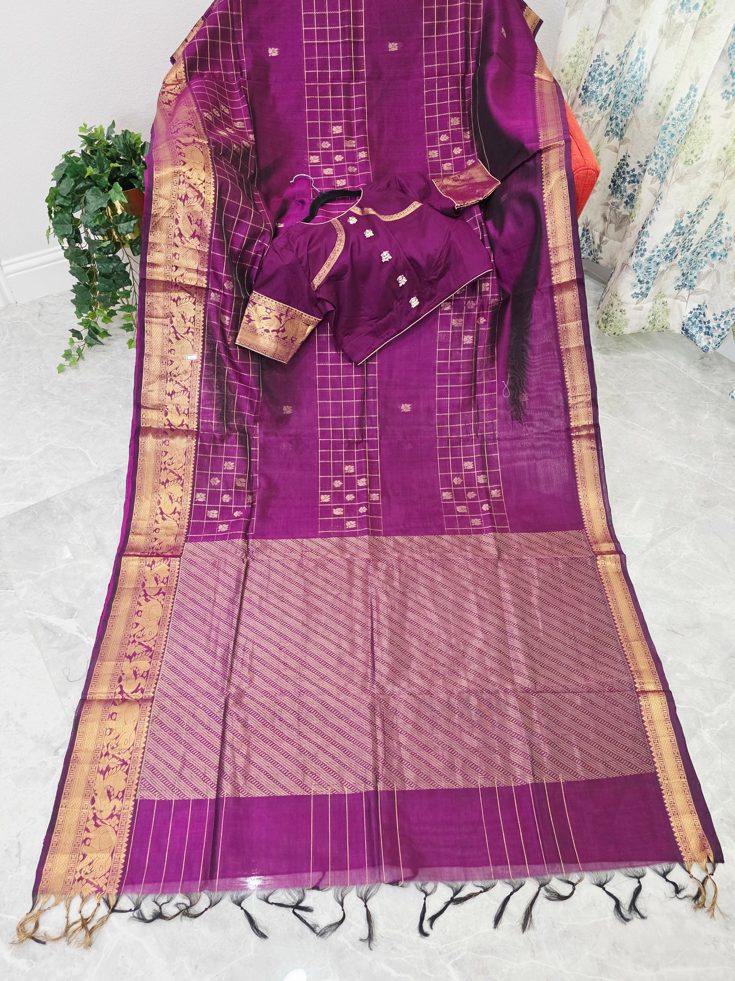 Mangalagiri Pattu Checks Designer Purple Saree with Stitched Blouse